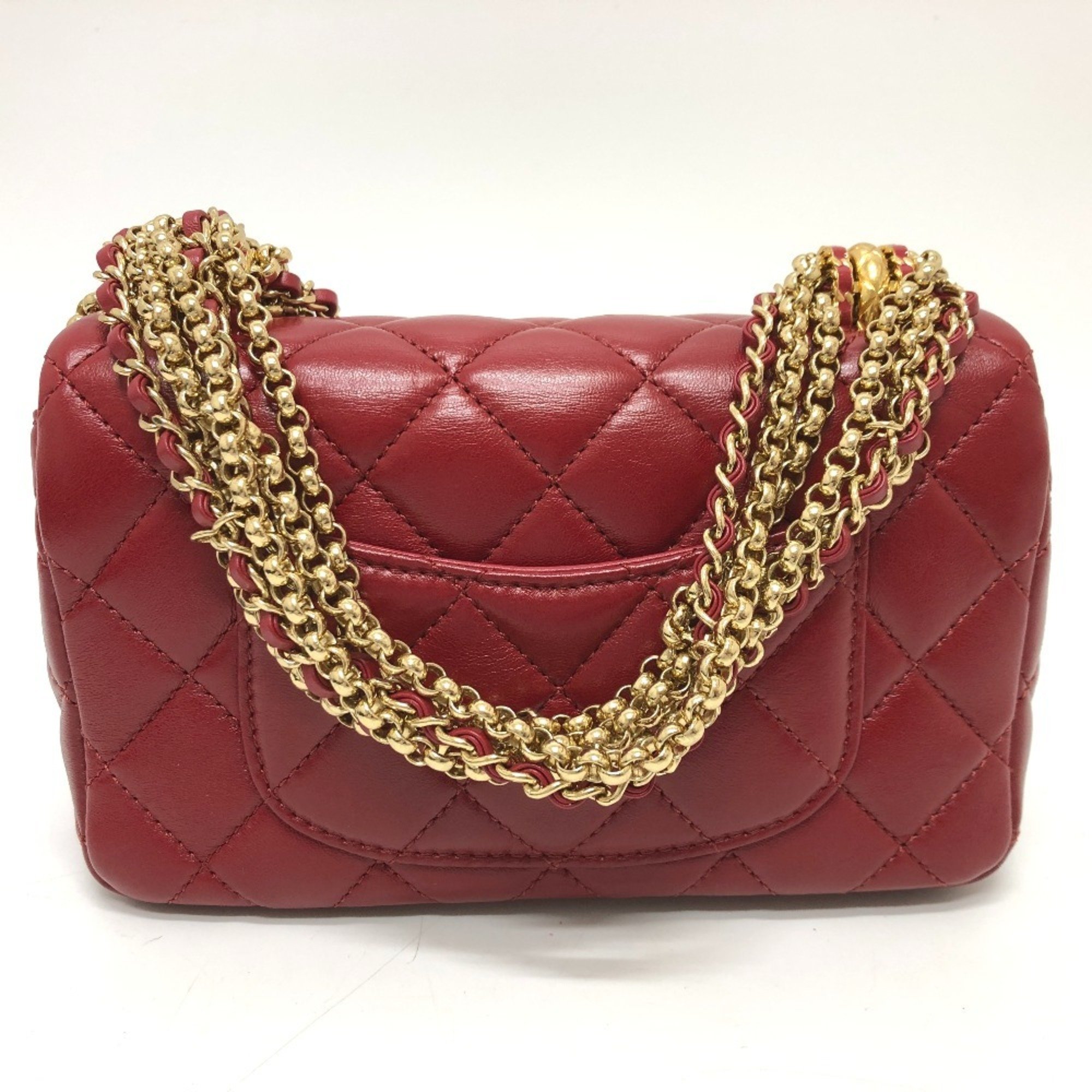 CHANEL Coco Mark Matelasse 3 Chain Shoulder Bag Lambskin Women's Red