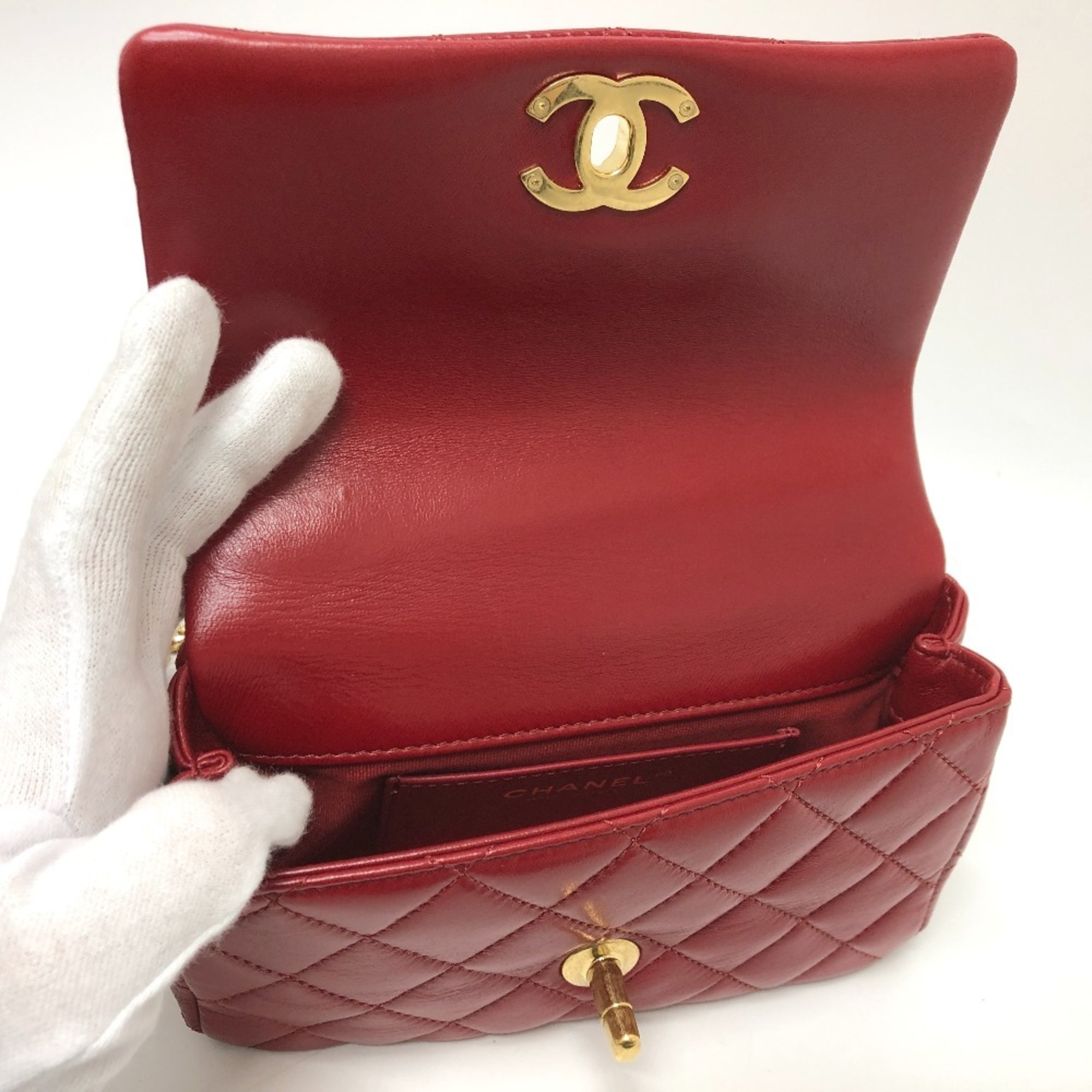 CHANEL Coco Mark Matelasse 3 Chain Shoulder Bag Lambskin Women's Red