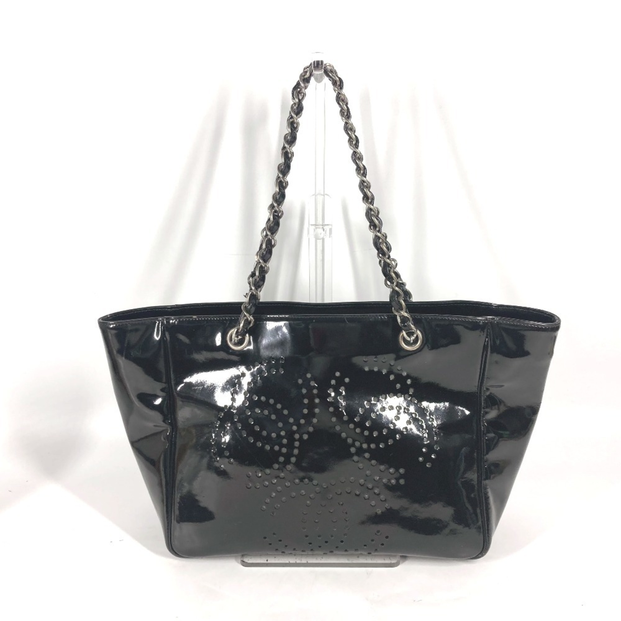 CHANEL Triple Coco Punching CC Mark Chain Shoulder Bag Tote Enamel Women's Black