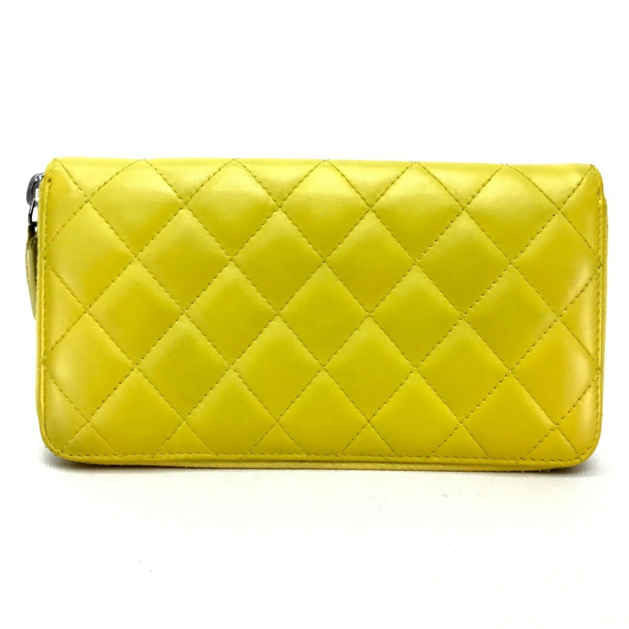 CHANEL Chanel Matelasse Quilting CC Coco Mark Round Long Wallet Lambskin Women's Yellow