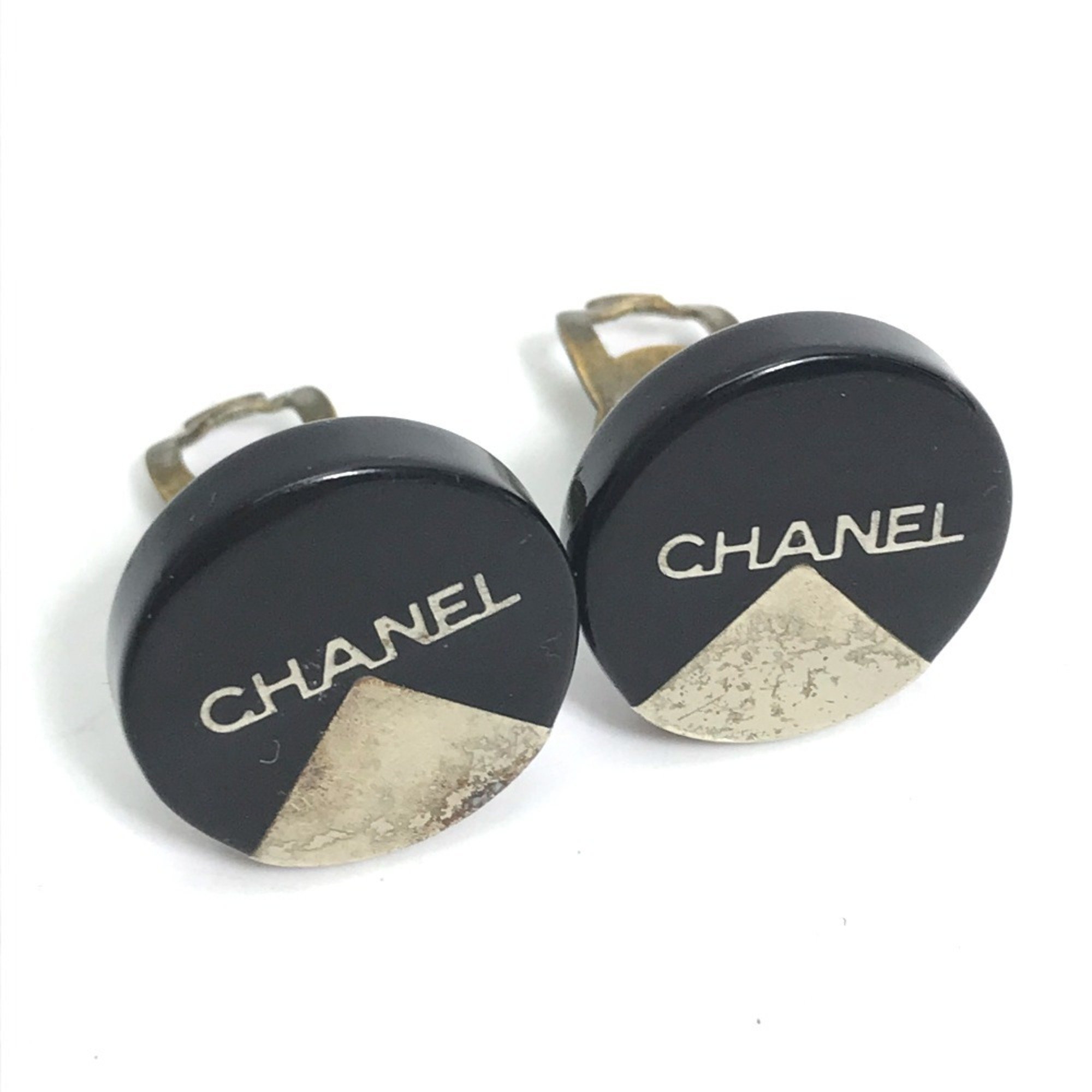 CHANEL 00A Round Earrings Plastic Women's Black