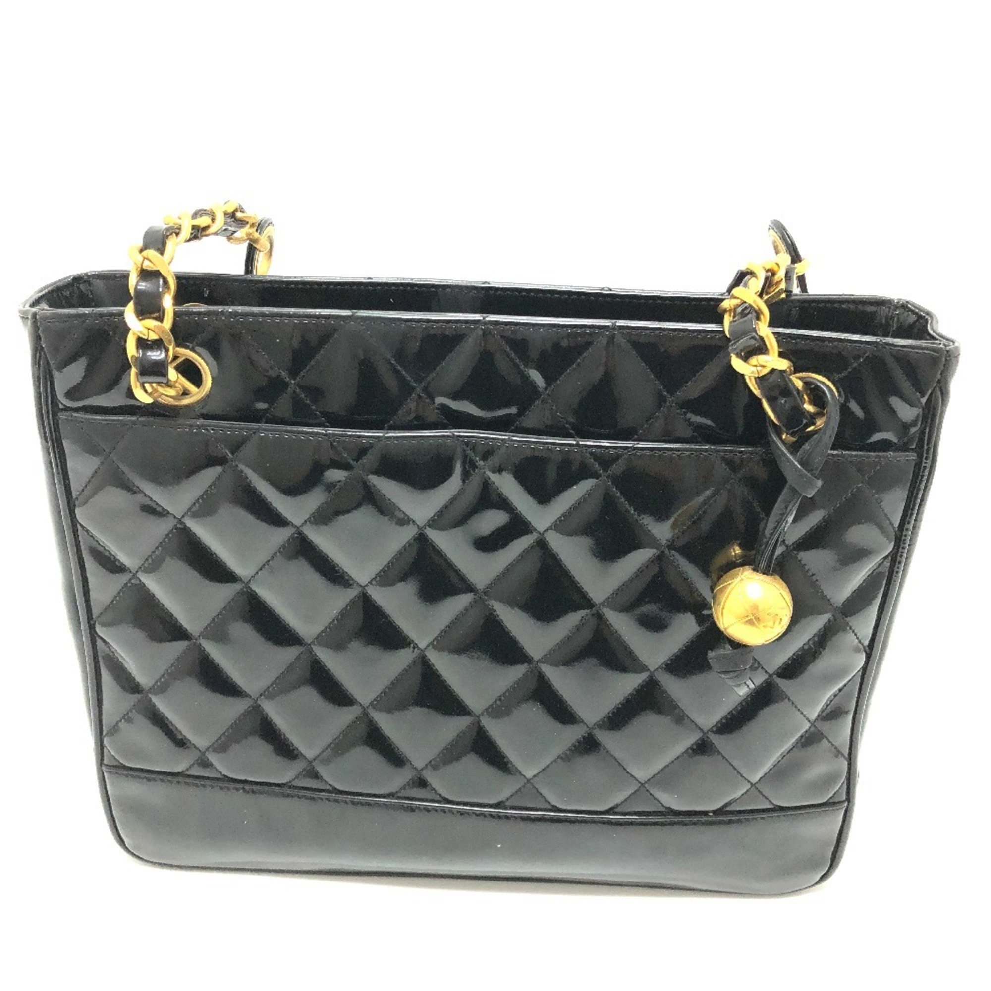 CHANEL Chanel Matelasse Quilted W Chain Tote Bag Patent Leather Women's Black