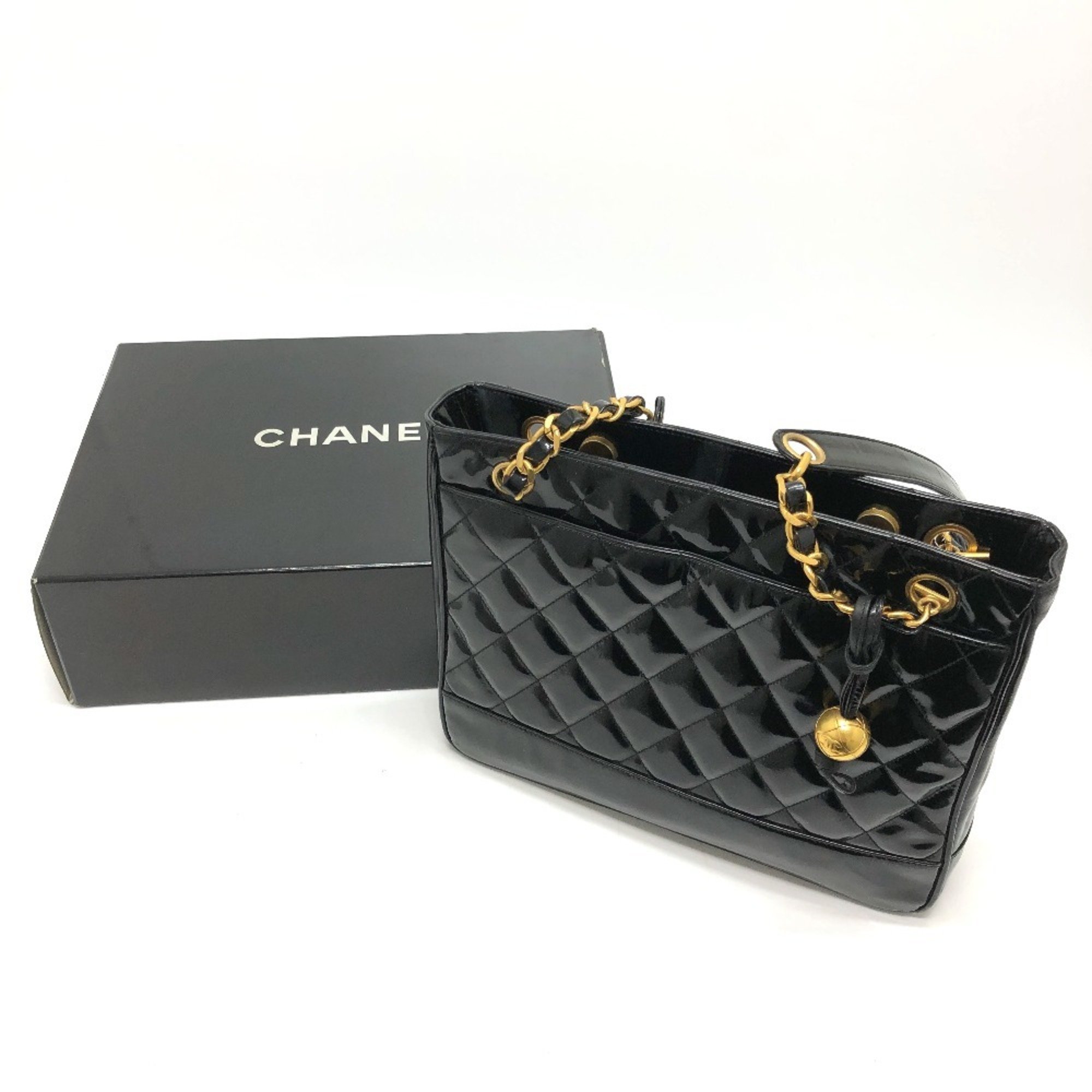 CHANEL Chanel Matelasse Quilted W Chain Tote Bag Patent Leather Women's Black