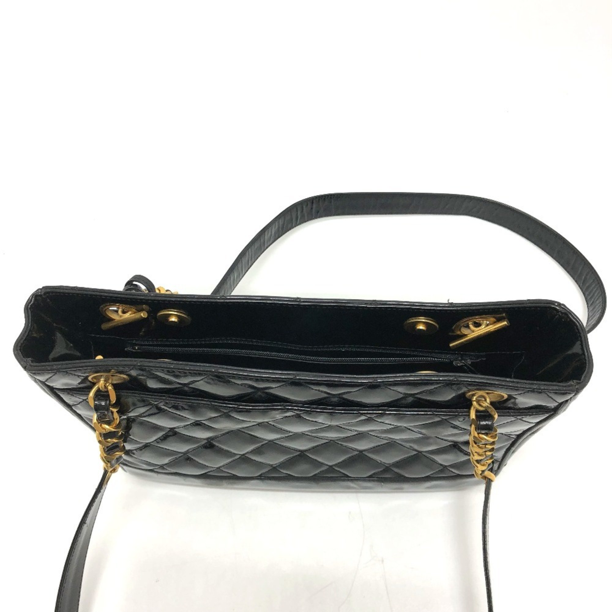 CHANEL Chanel Matelasse Quilted W Chain Tote Bag Patent Leather Women's Black