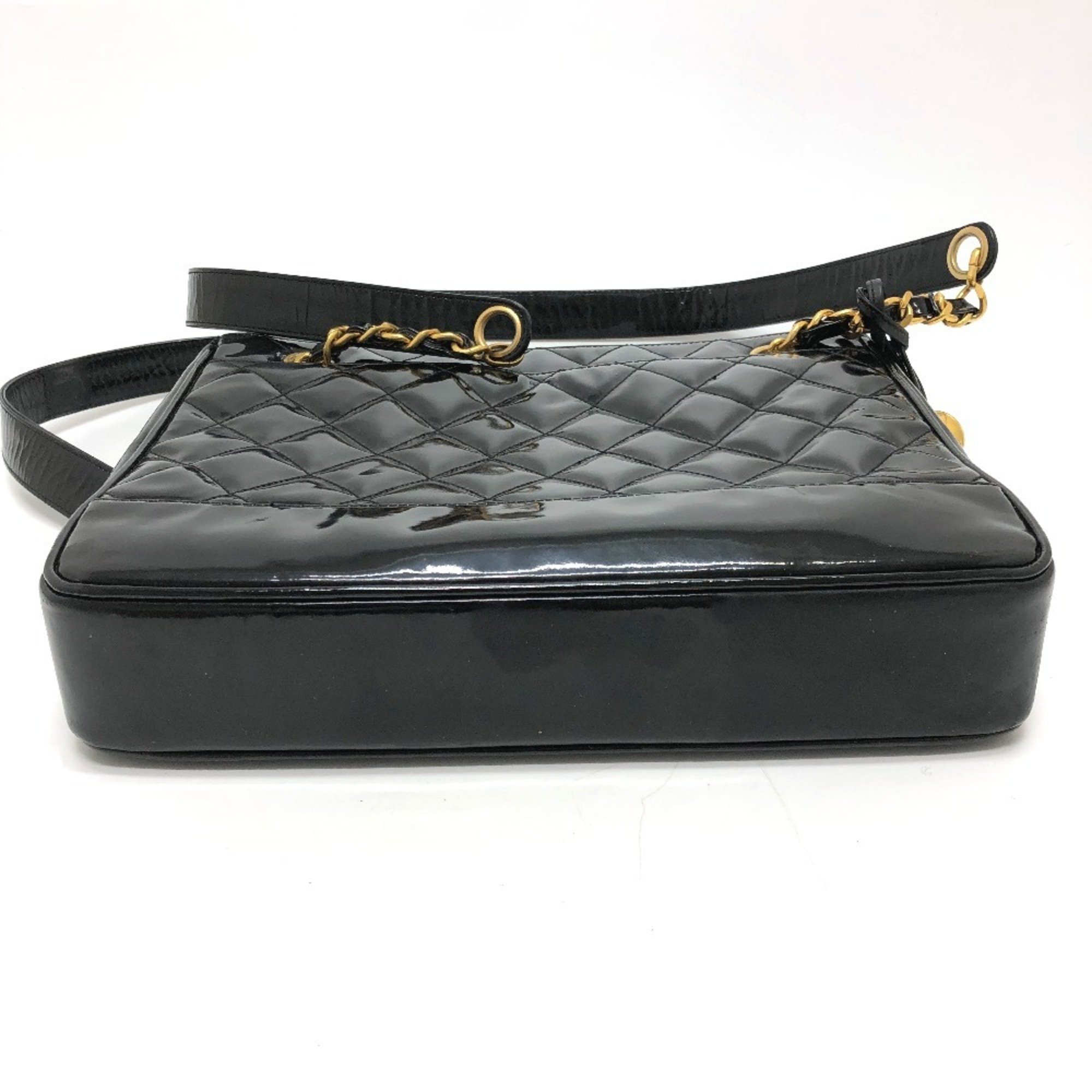 CHANEL Chanel Matelasse Quilted W Chain Tote Bag Patent Leather Women's Black