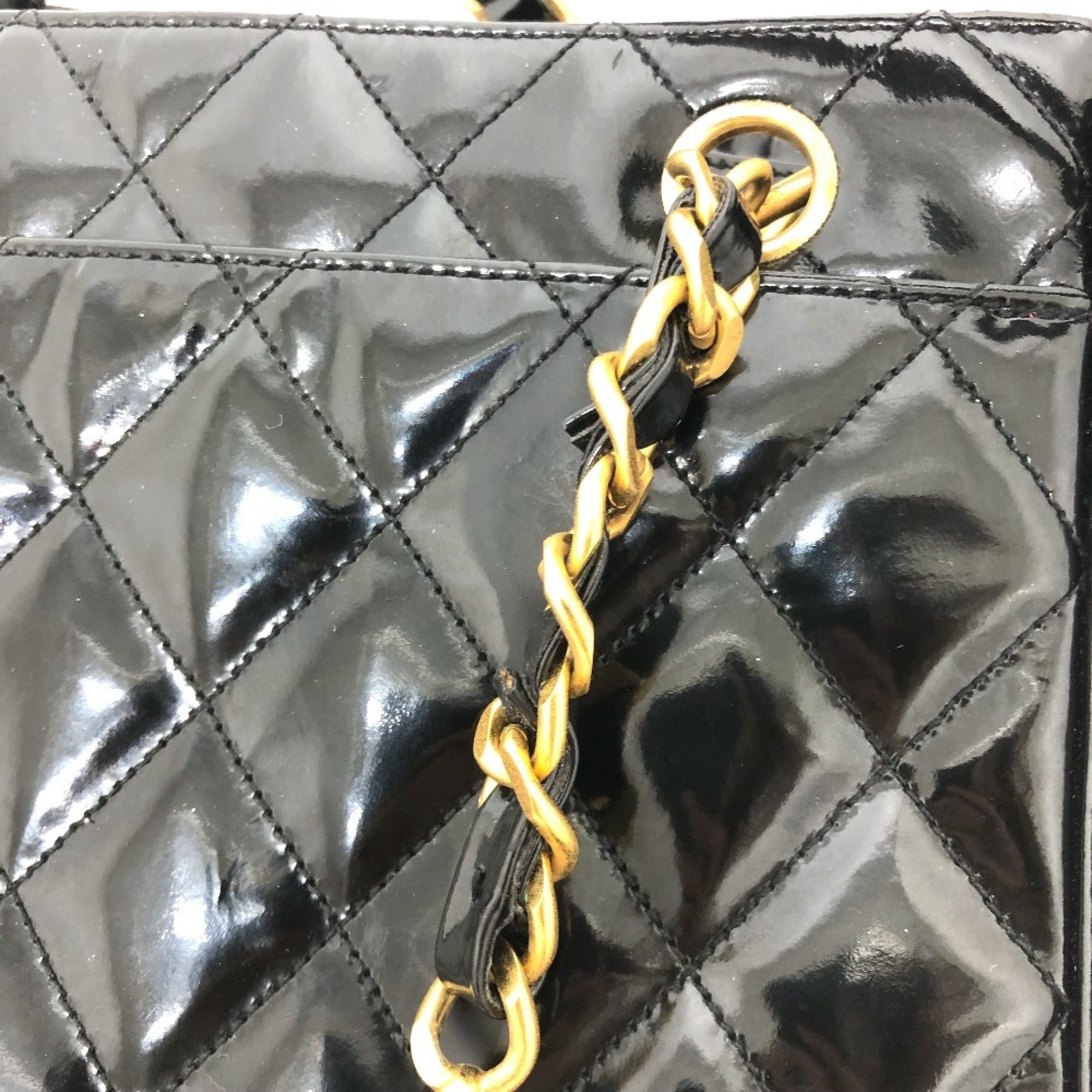 CHANEL Chanel Matelasse Quilted W Chain Tote Bag Patent Leather Women's Black