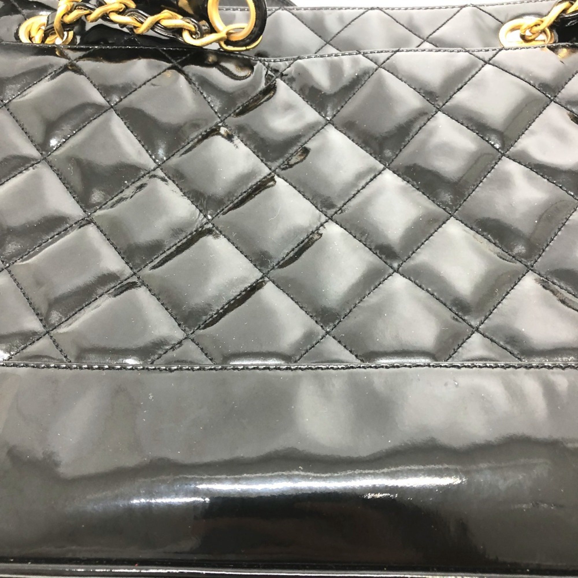 CHANEL Chanel Matelasse Quilted W Chain Tote Bag Patent Leather Women's Black