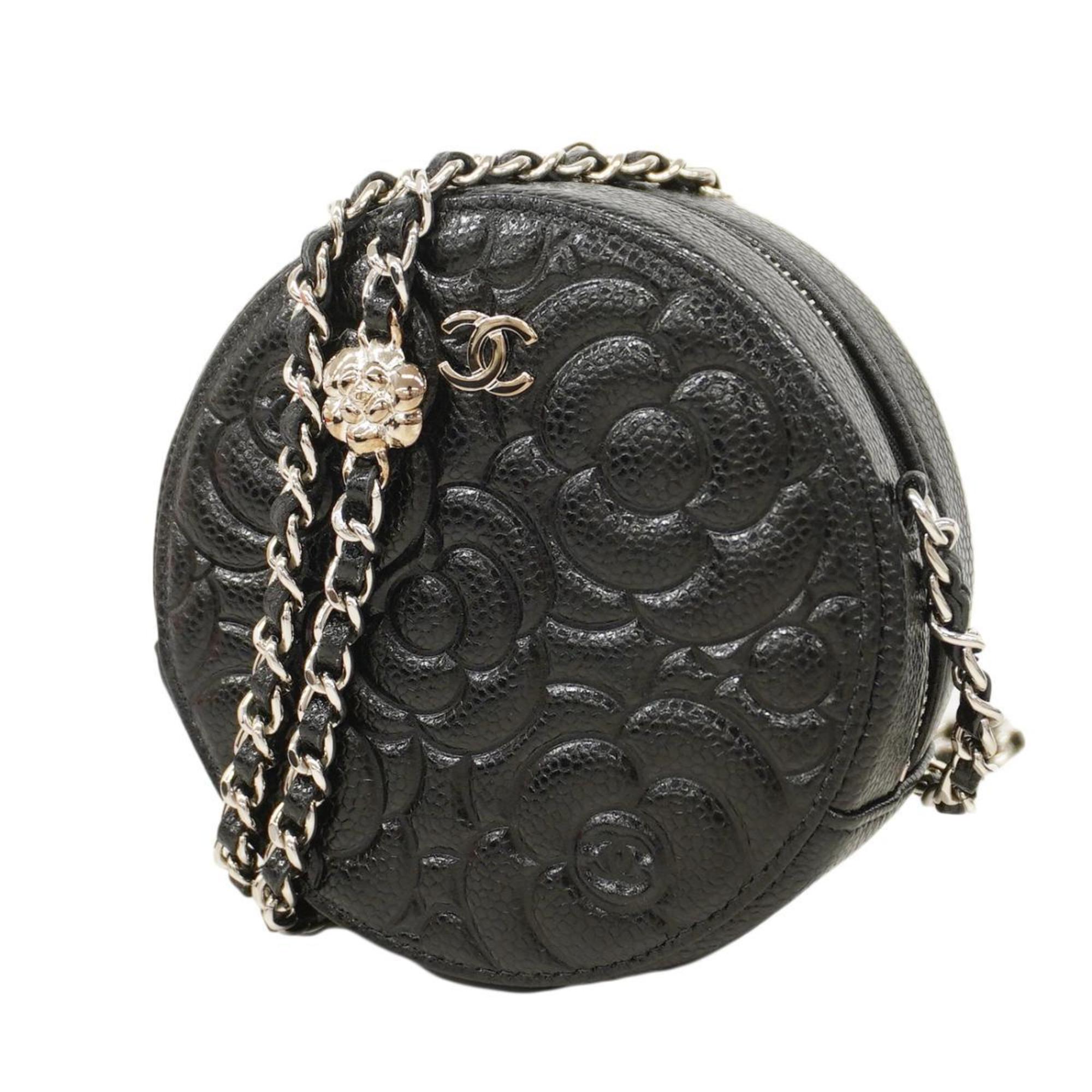 Chanel Shoulder Bag Camellia Chain Caviar Skin Black Women's