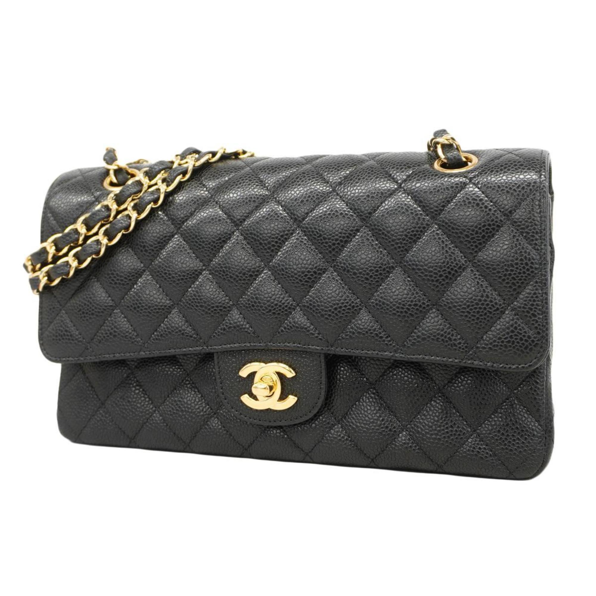 Chanel Shoulder Bag Matelasse W Flap Chain Caviar Skin Black Women's