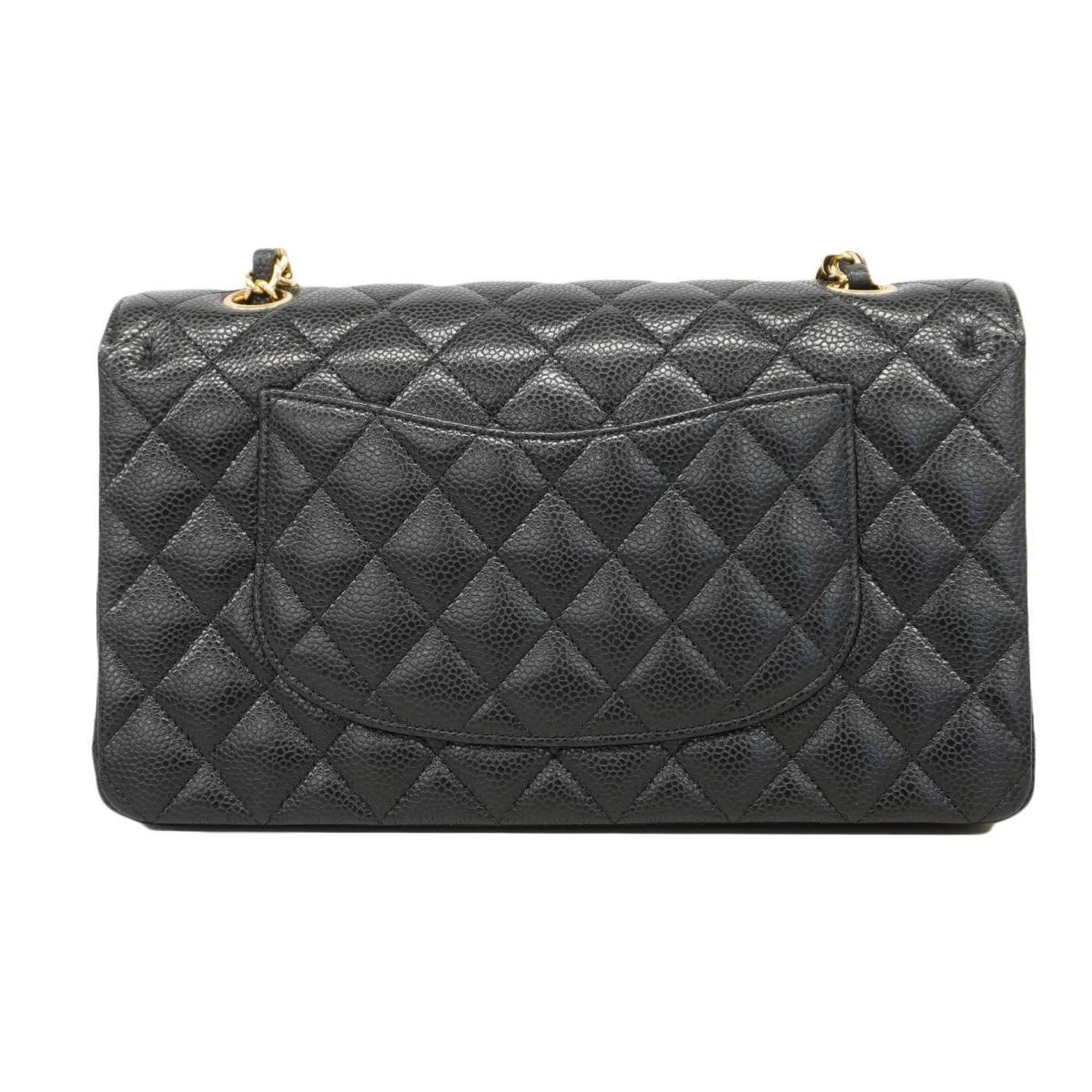 Chanel Shoulder Bag Matelasse W Flap Chain Caviar Skin Black Women's