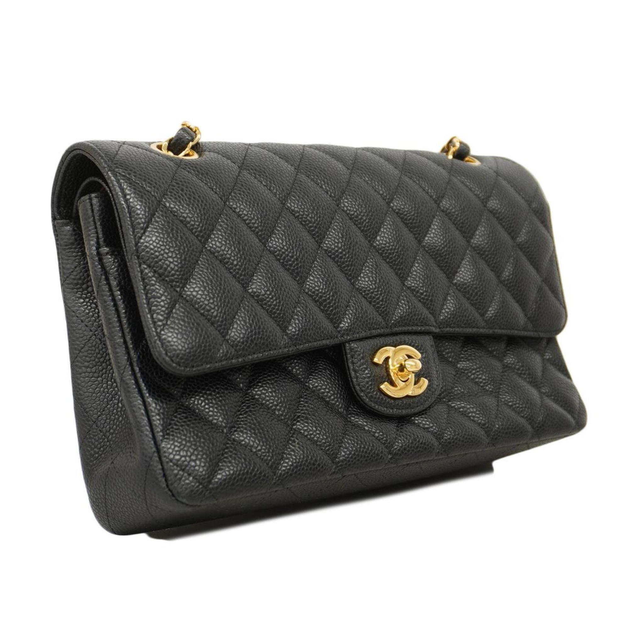 Chanel Shoulder Bag Matelasse W Flap Chain Caviar Skin Black Women's