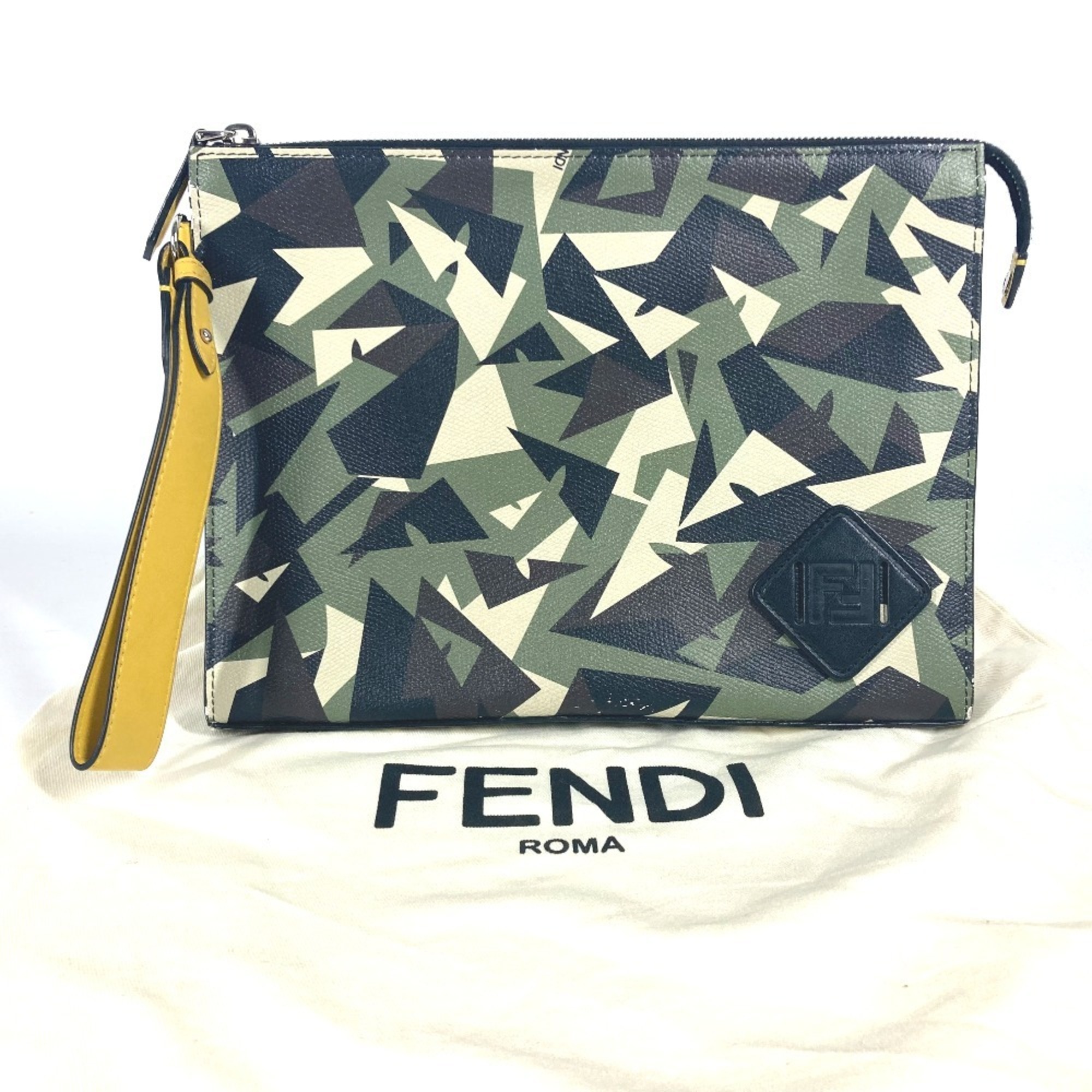 FENDI 7V91 Camouflage Pouch with Strap Clutch Bag Leather Men's Green