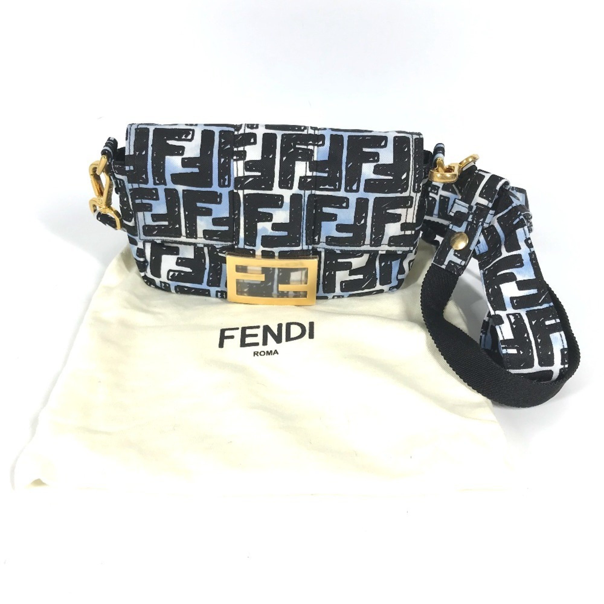 FENDI 8BR784 Joshua Vides Collaboration Zucca Baguette Bag Pochette Shoulder Nylon Men's Blue