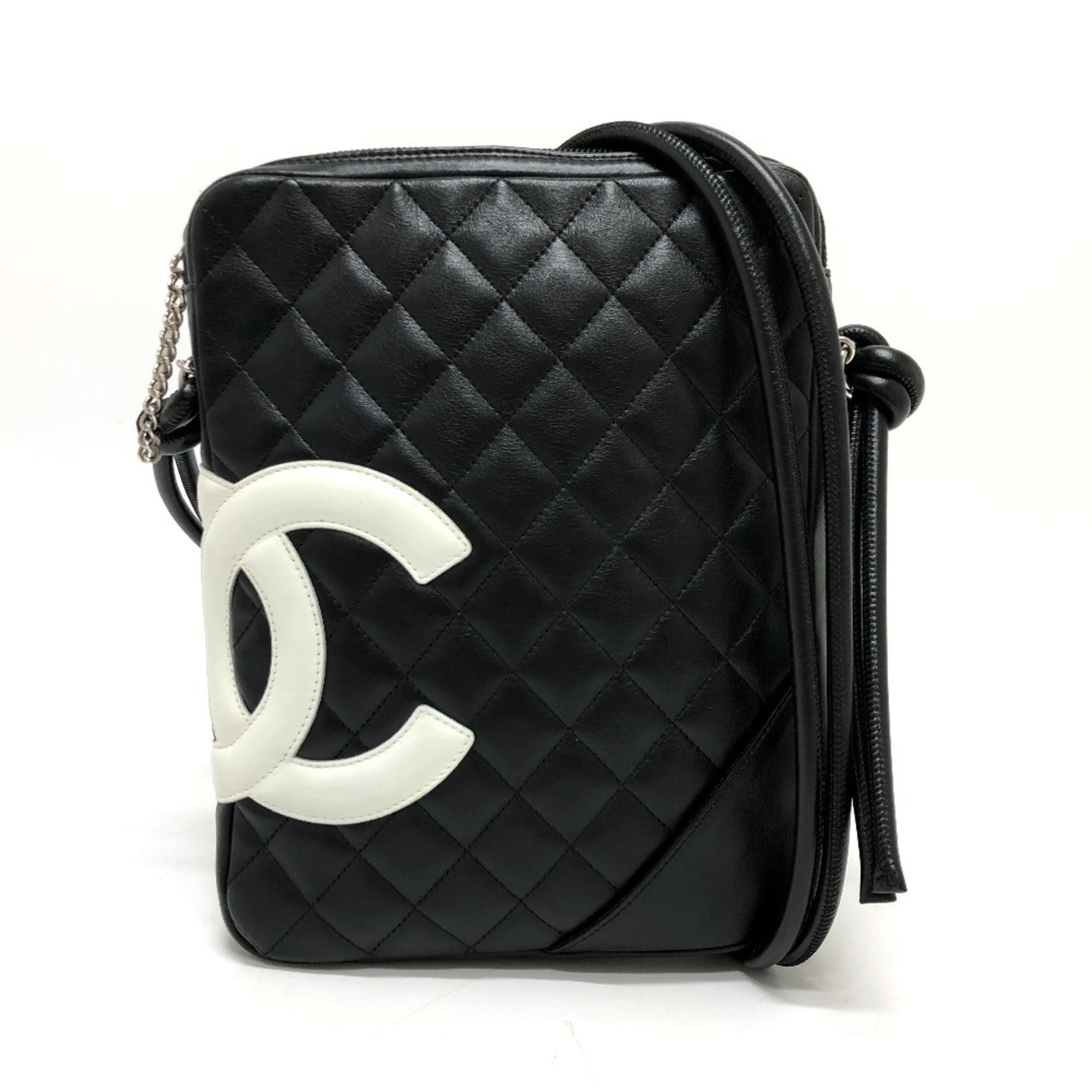 CHANEL Cambon Line Medium Shoulder Bag, Lambskin, Women's, Black x White