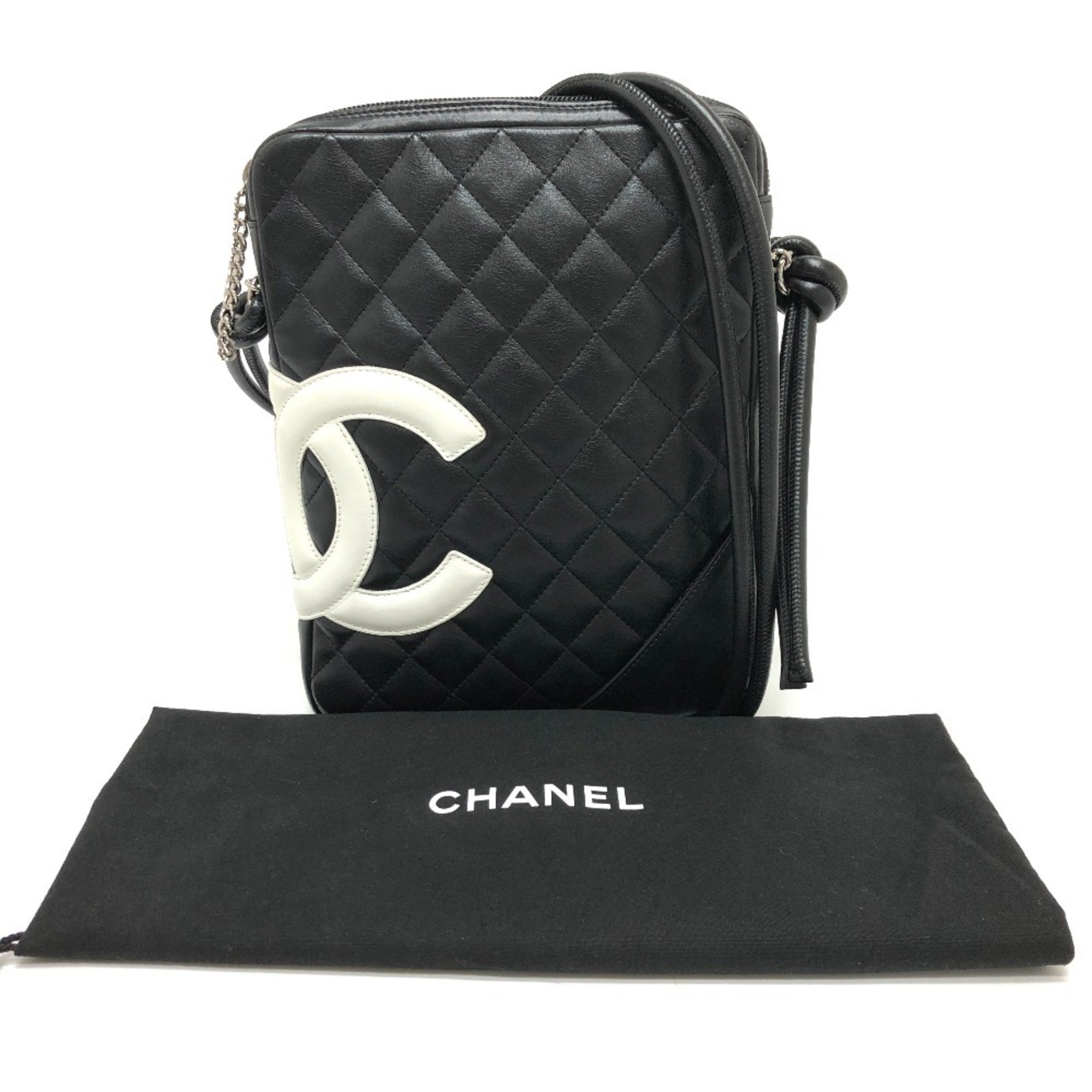 CHANEL Cambon Line Medium Shoulder Bag, Lambskin, Women's, Black x White