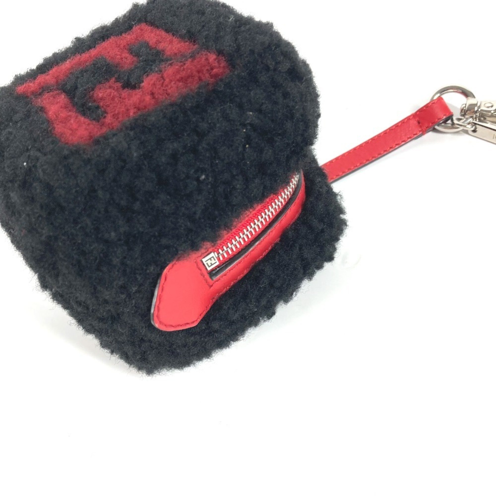 FENDI Dice Keychain Fluffy Bag Charm Fur Leather Women's Black