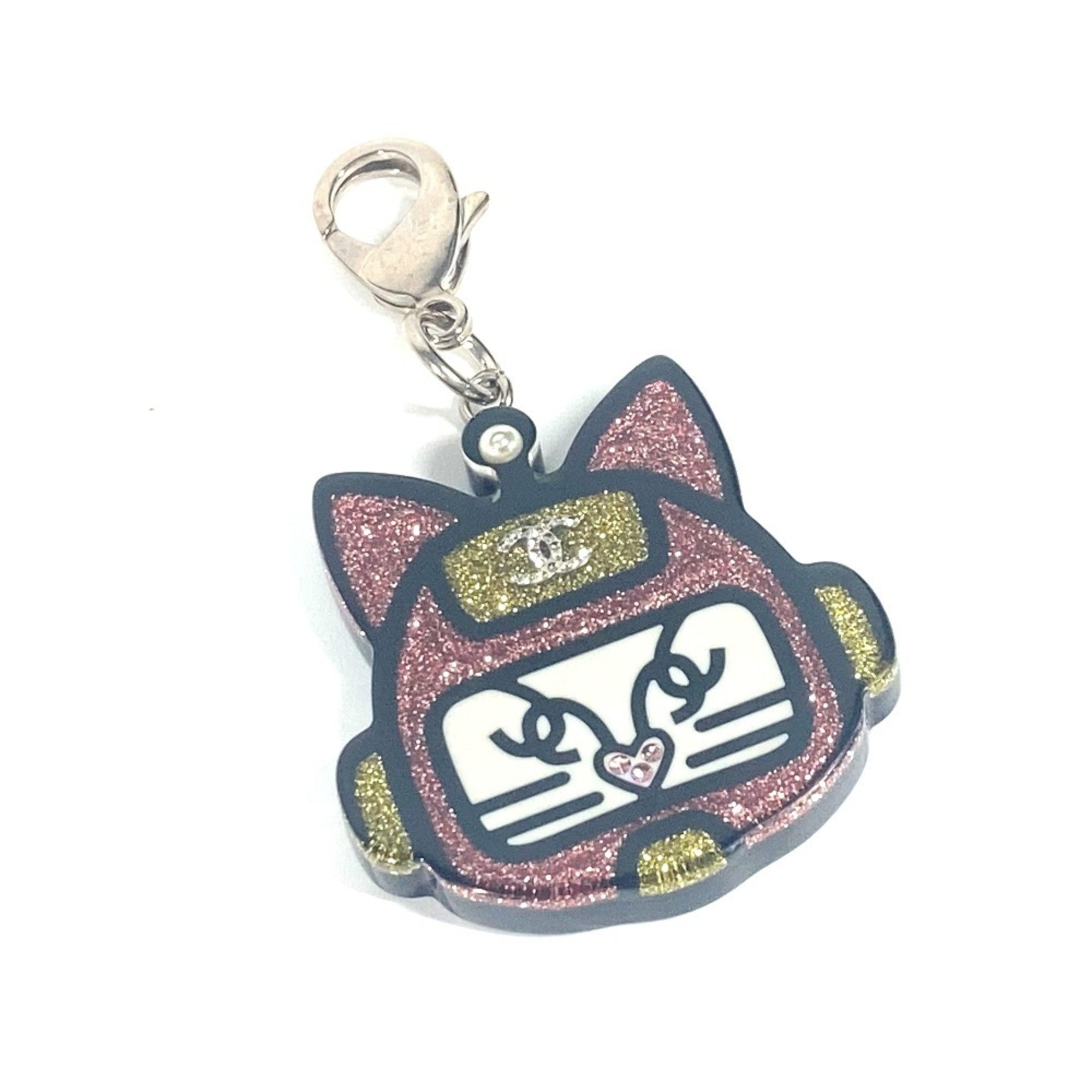 CHANEL Chanel 17S Cat Glitter Heart Bag Charm Keychain Plastic Women's Pink