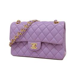 Chanel Shoulder Bag Matelasse W Flap Chain Caviar Skin Purple Champagne Women's