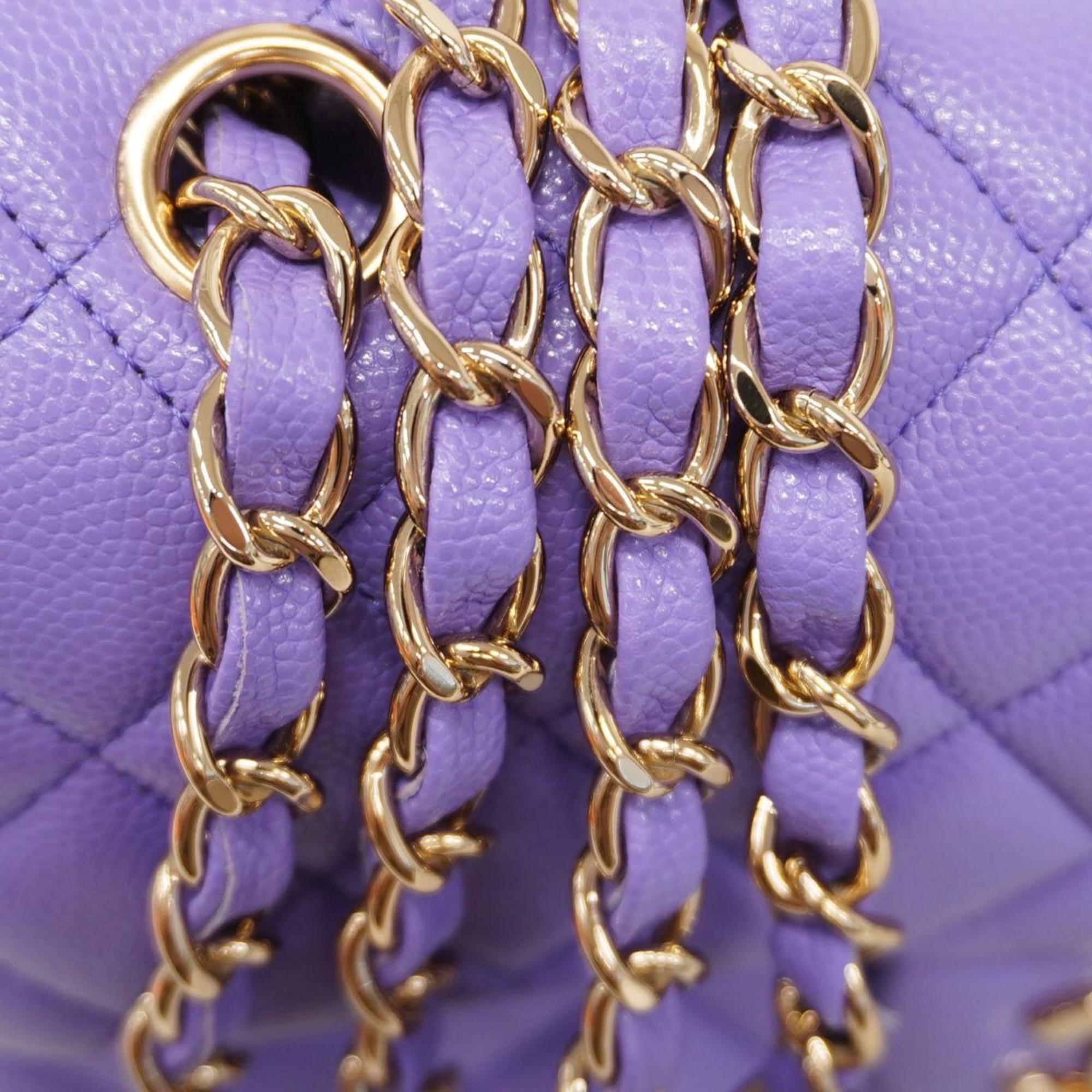 Chanel Shoulder Bag Matelasse W Flap Chain Caviar Skin Purple Champagne Women's