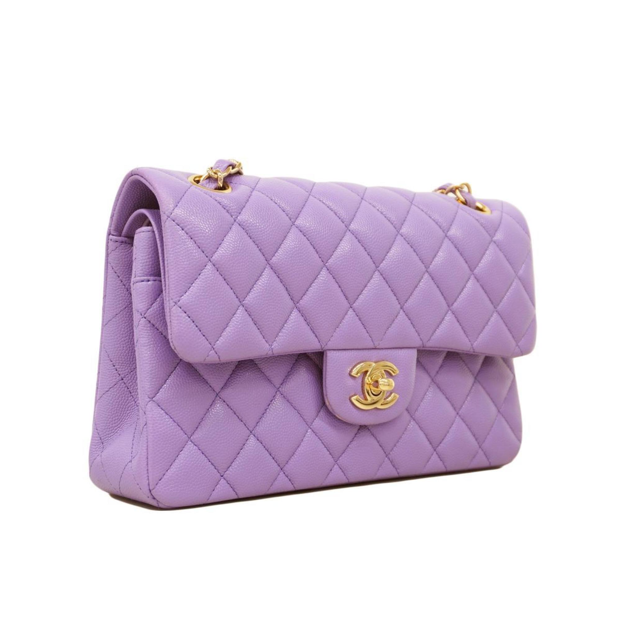 Chanel Shoulder Bag Matelasse W Flap Chain Caviar Skin Purple Champagne Women's