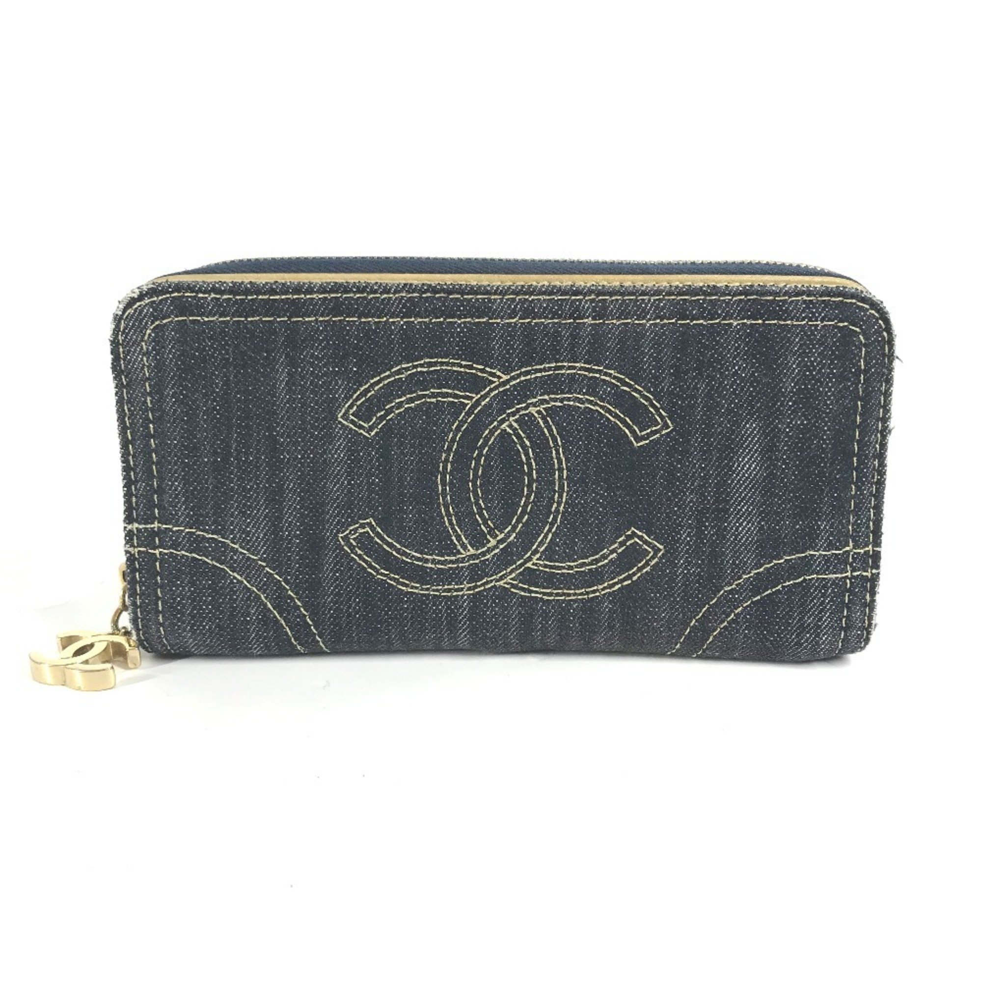 CHANEL A31900 Sparkling Denim CC Coco Mark Round Long Wallet Leather Women's Blue