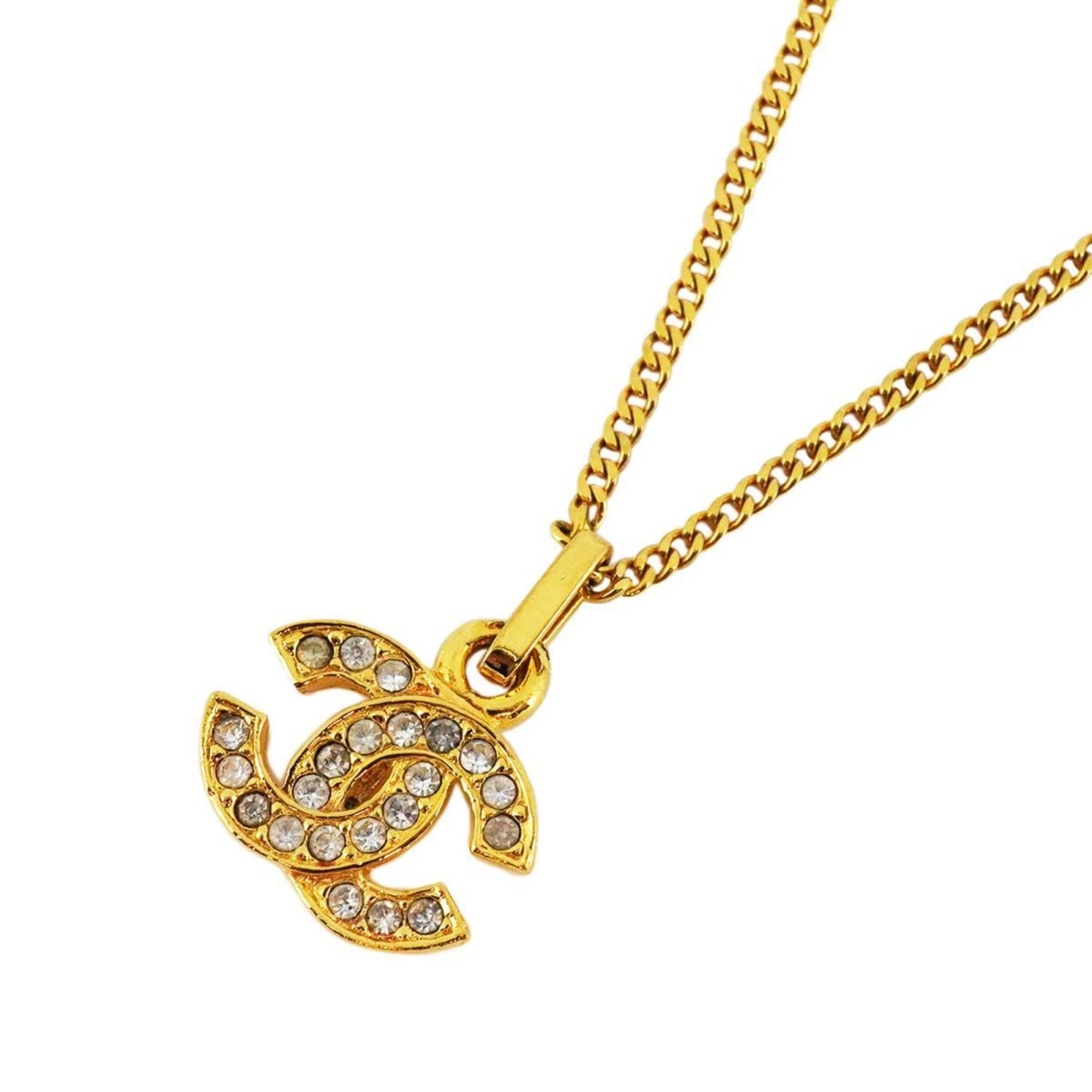 Chanel Necklace Coco Mark Rhinestone GP Plated Gold Women's