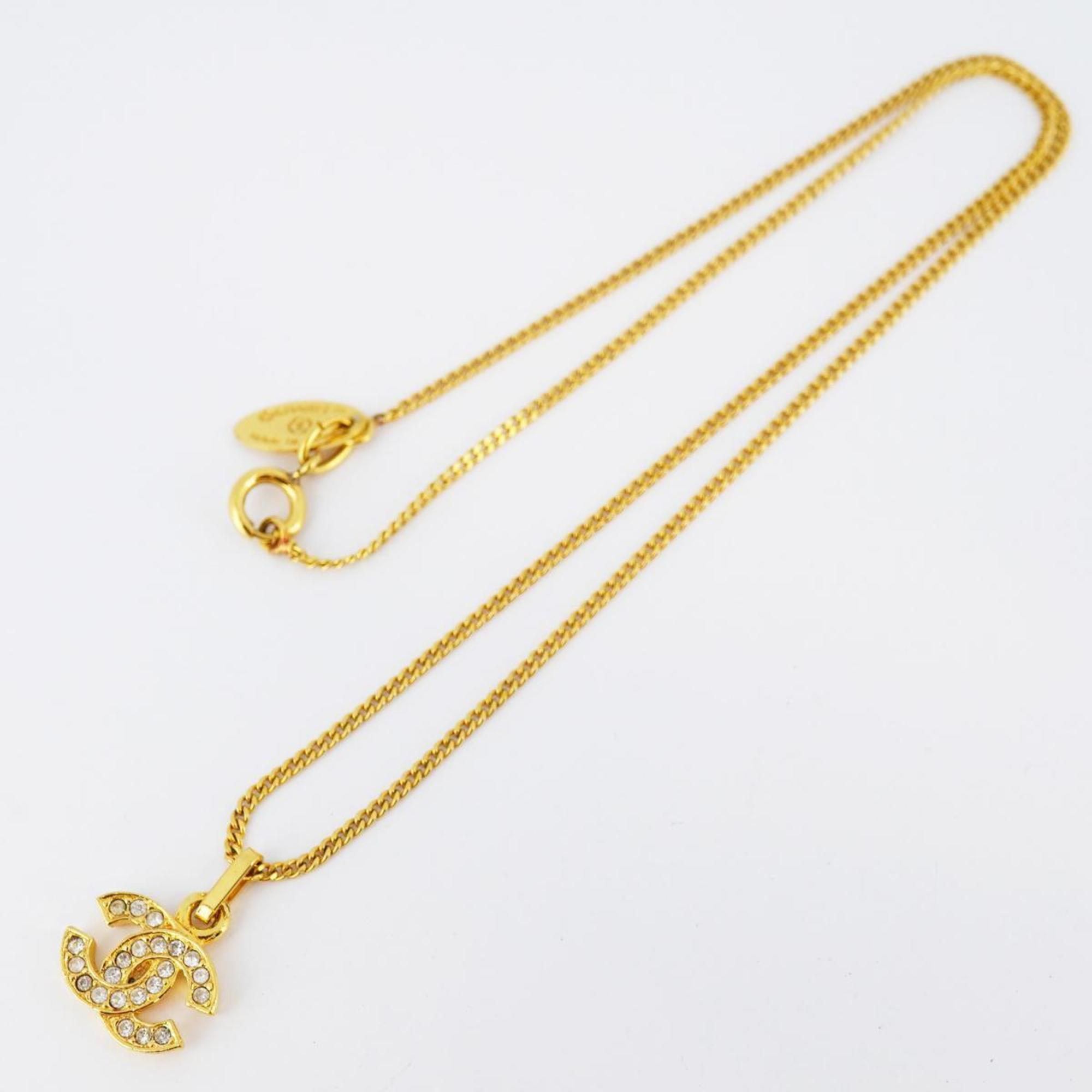 Chanel Necklace Coco Mark Rhinestone GP Plated Gold Women's