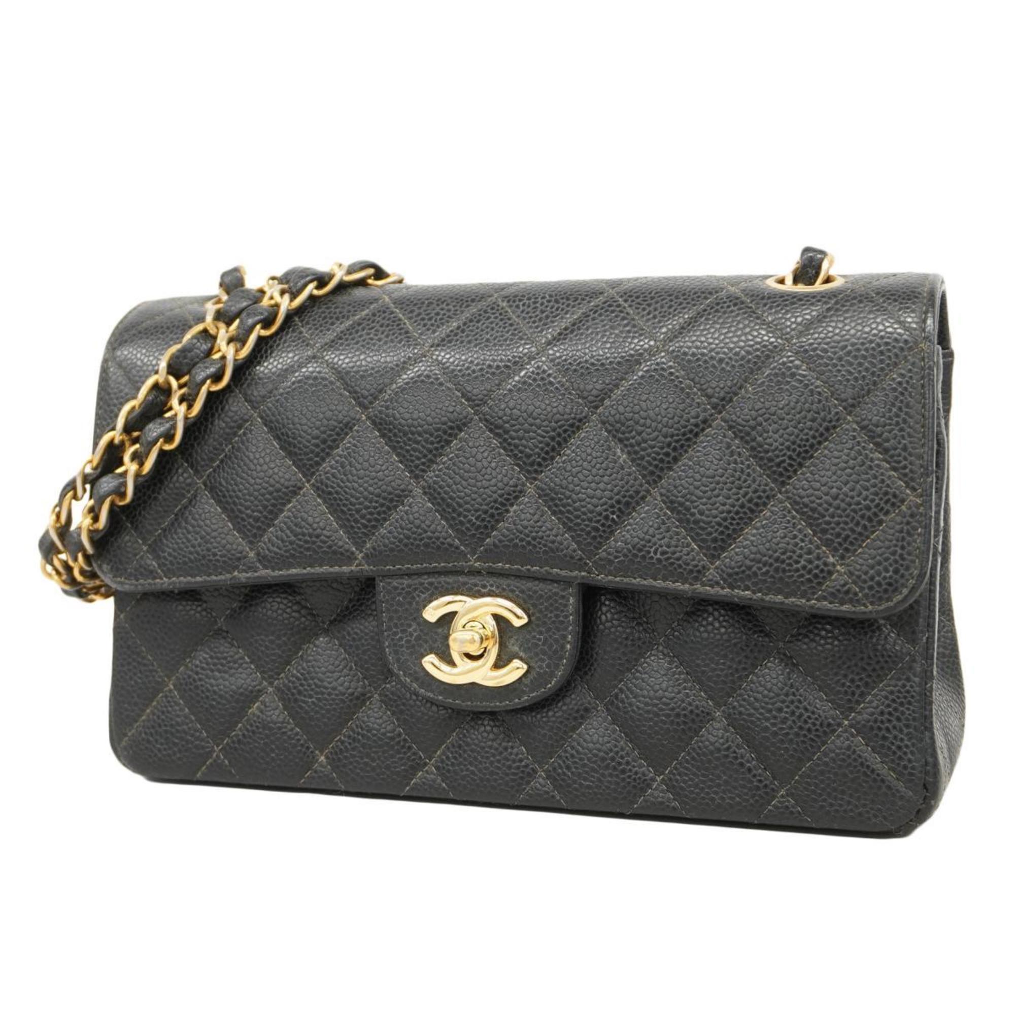 Chanel Shoulder Bag Matelasse W Flap Chain Caviar Skin Black Women's