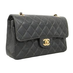 Chanel Shoulder Bag Matelasse W Flap Chain Caviar Skin Black Women's