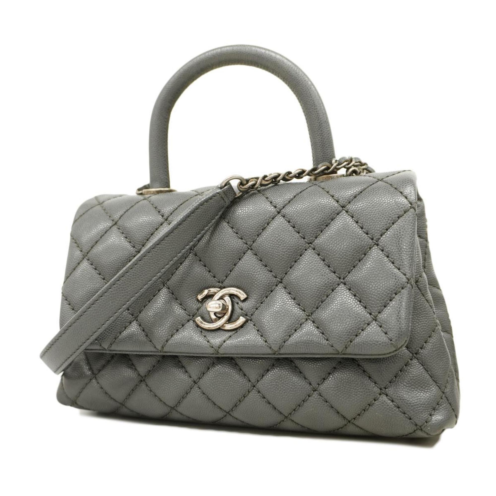 Chanel handbag, coco handle, chain shoulder, caviar skin, grey, ladies