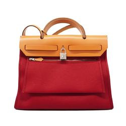 Hermes Handbag Airbag Zip X Stamp Toile Military Natural Rouge Grenat Women's