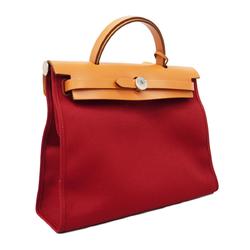 Hermes Handbag Airbag Zip X Stamp Toile Military Natural Rouge Grenat Women's