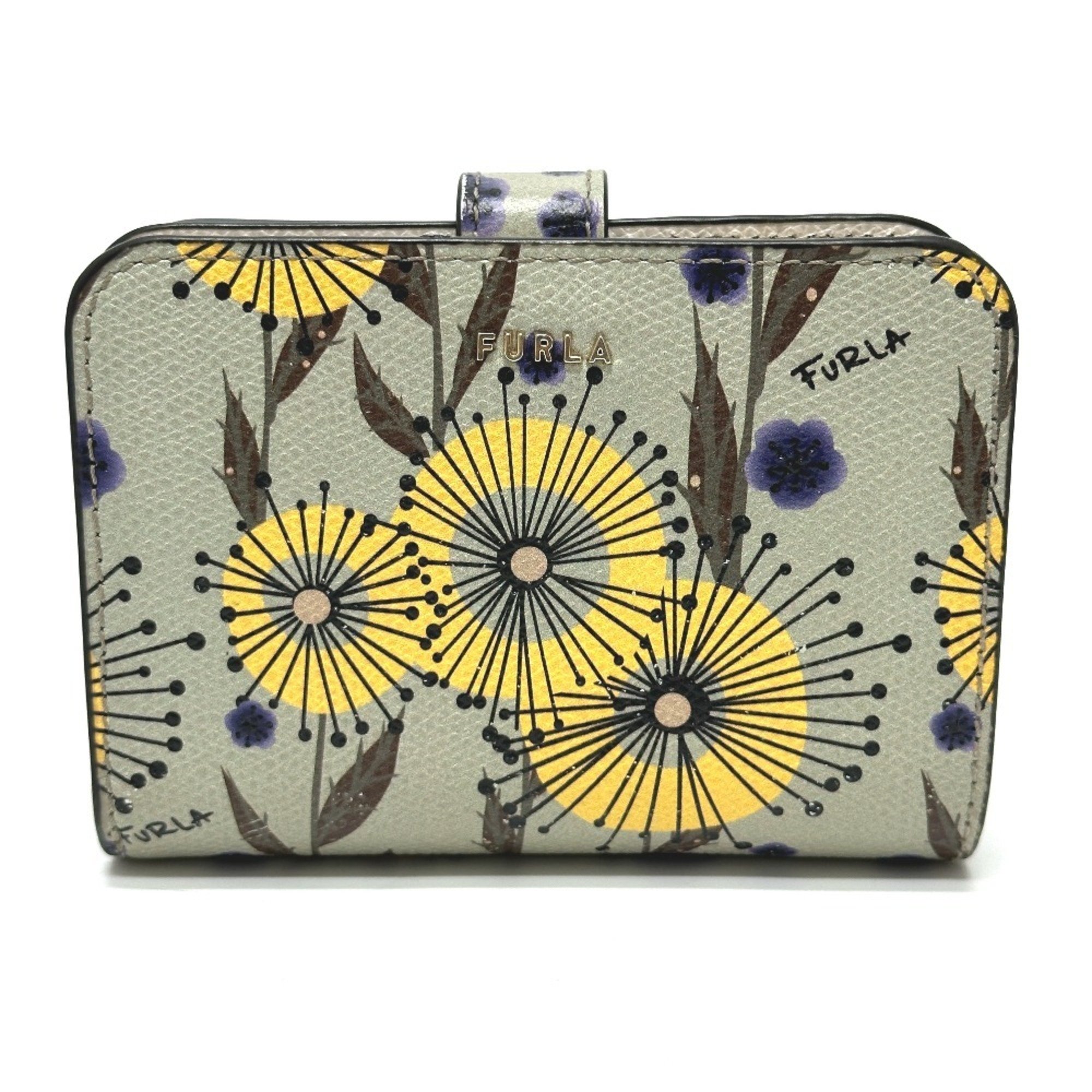 FURLA Floral Print Bi-fold Wallet Leather Women's Green