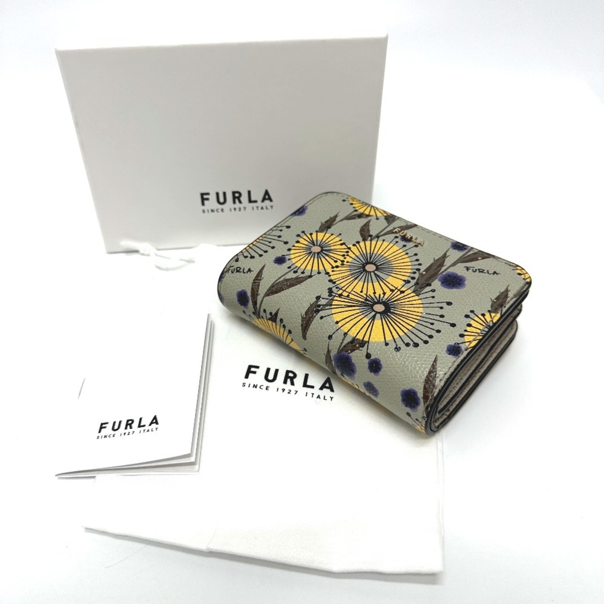 FURLA Floral Print Bi-fold Wallet Leather Women's Green