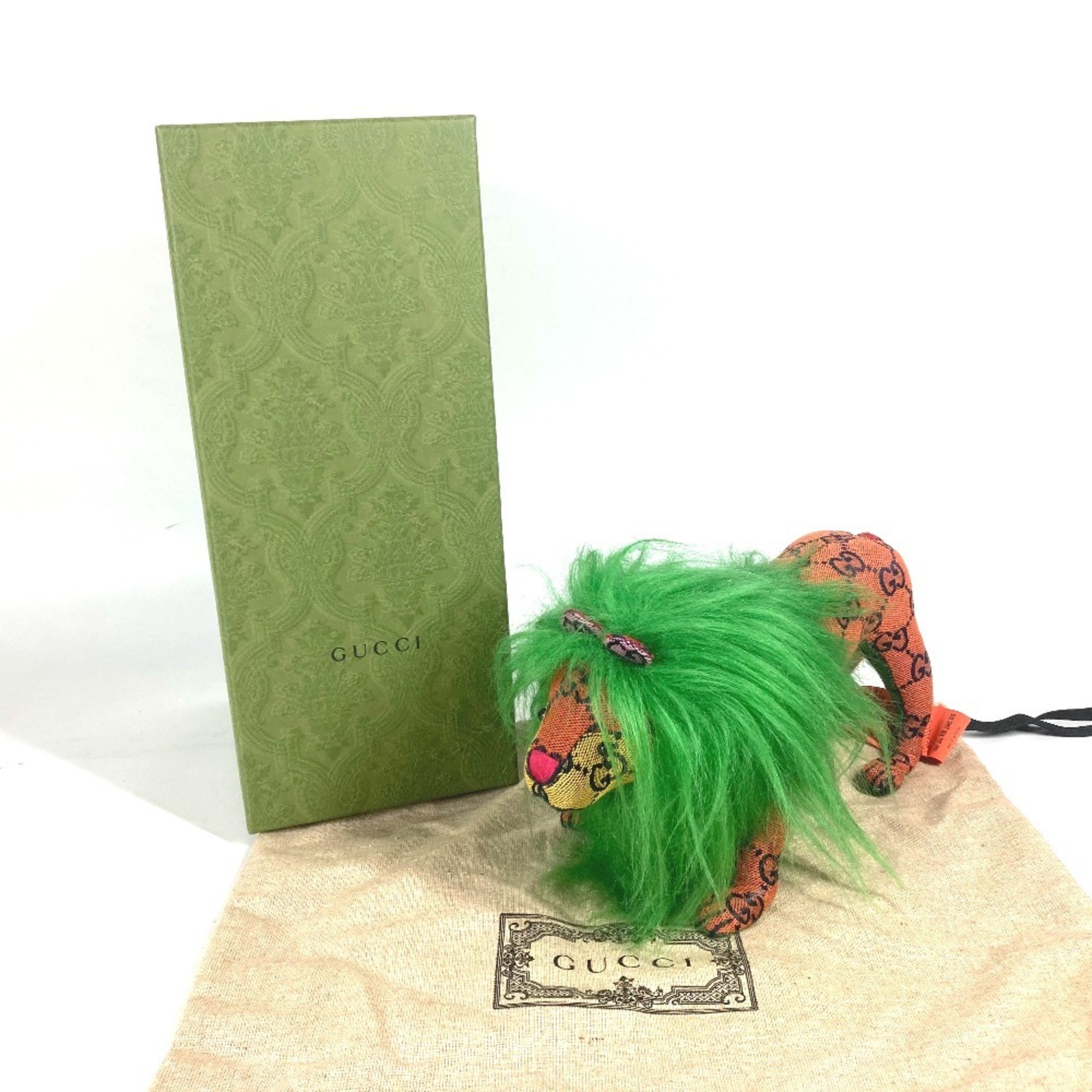 GUCCI 670235 GG Decorative Lion Doll Stuffed Animal Canvas Women's Green