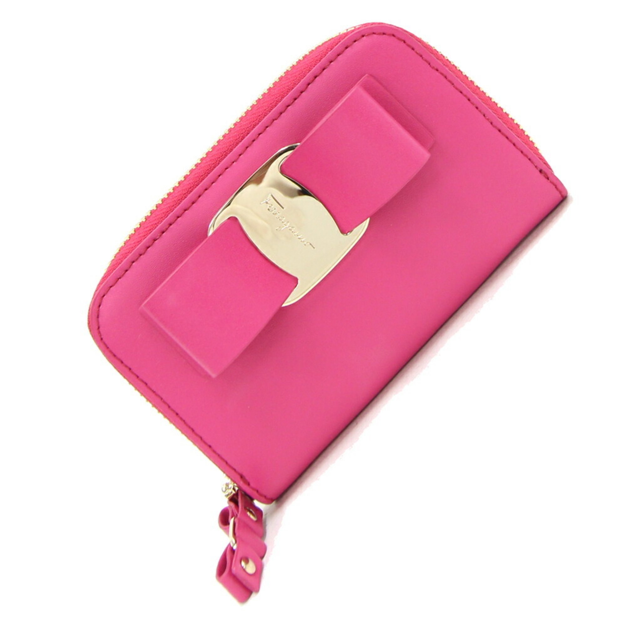 Salvatore Ferragamo Coin Case Vara KM-22D288 Pink Leather Purse Card Ribbon Women's