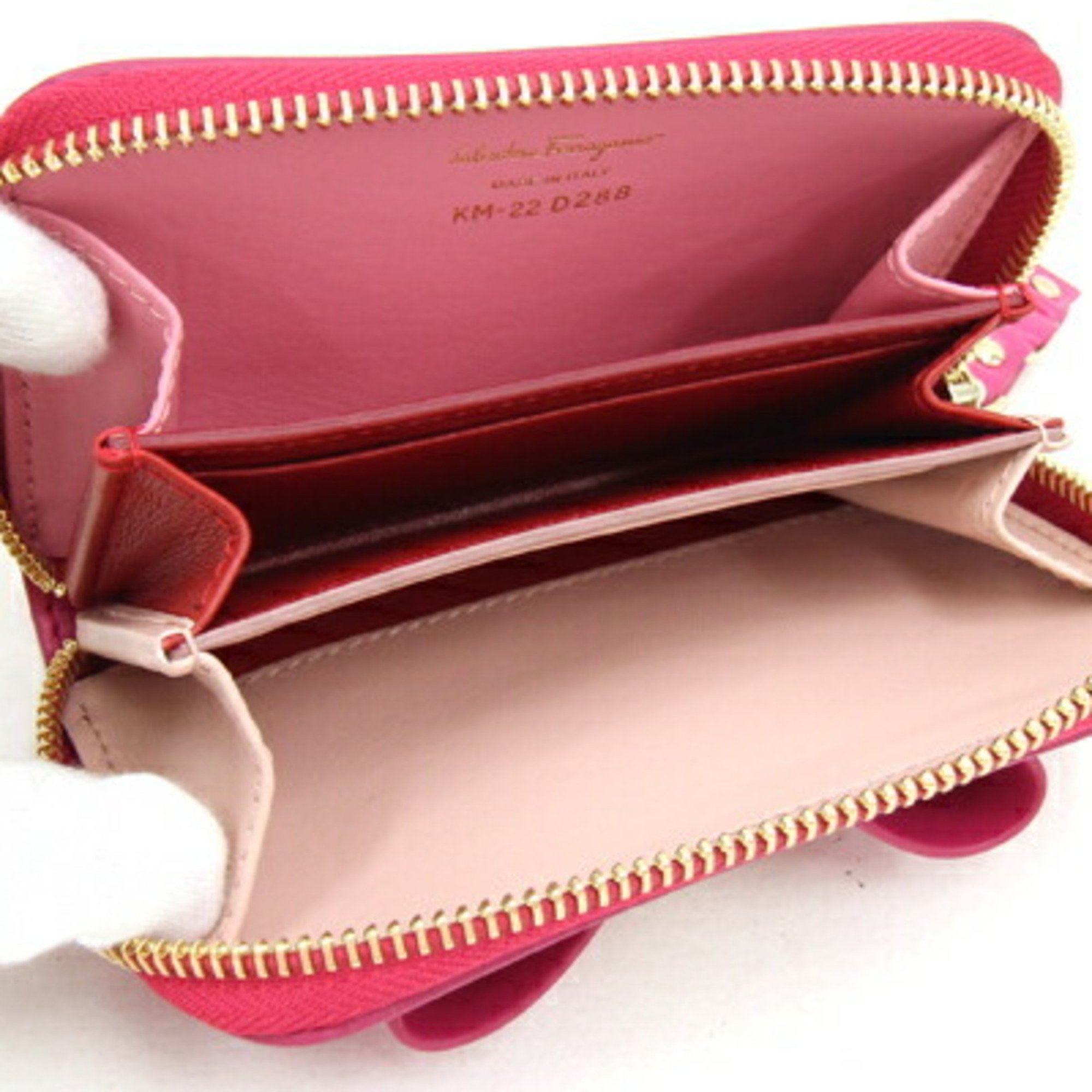 Salvatore Ferragamo Coin Case Vara KM-22D288 Pink Leather Purse Card Ribbon Women's