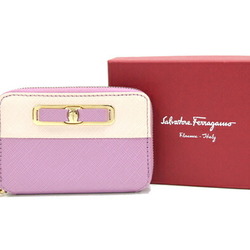 Salvatore Ferragamo Coin Case Vara KB22 C128 Purple Pink Beige Leather Round Ribbon Purse Women's