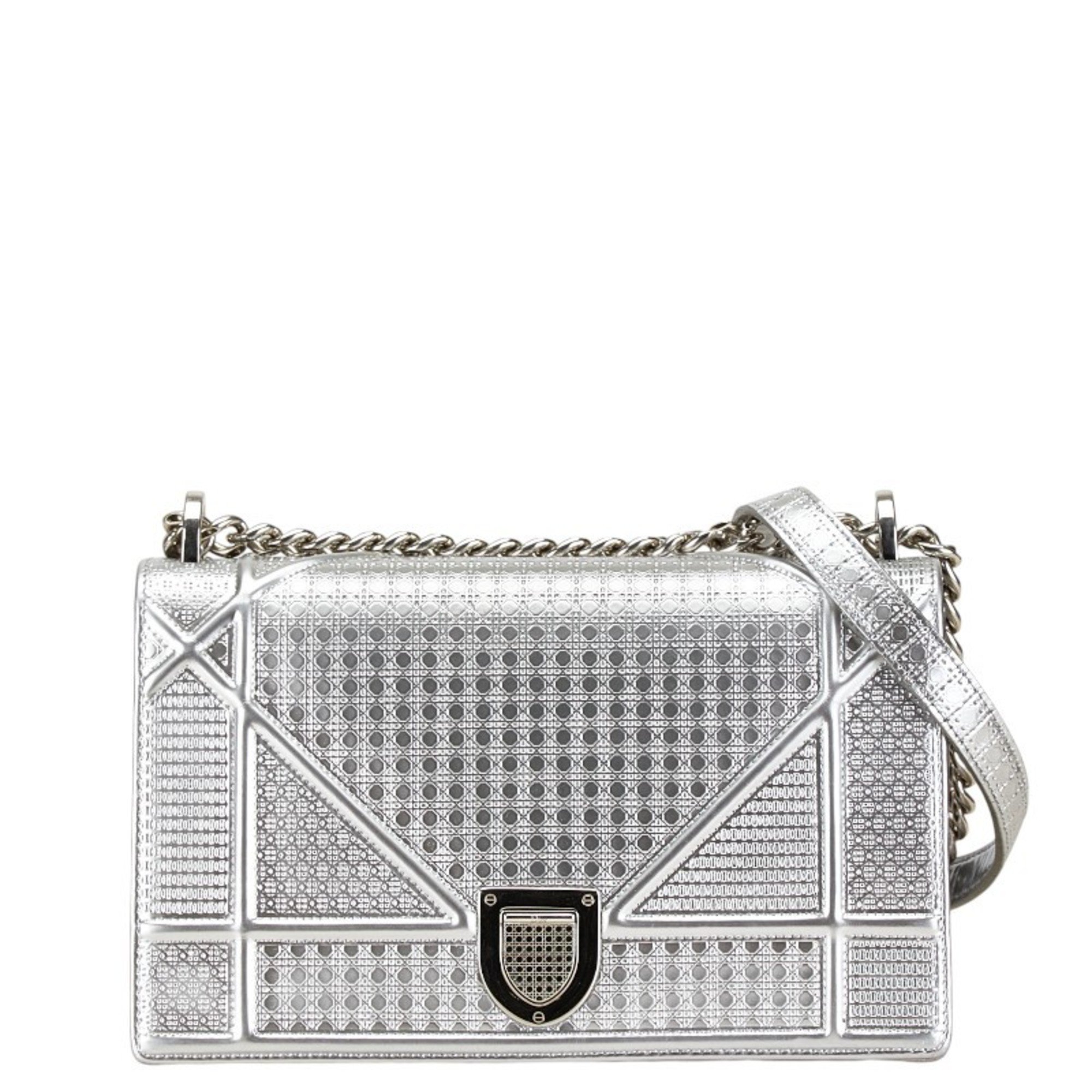 Christian Dior Dior Microcannage Diorama Chain Shoulder Bag Silver Leather Women's