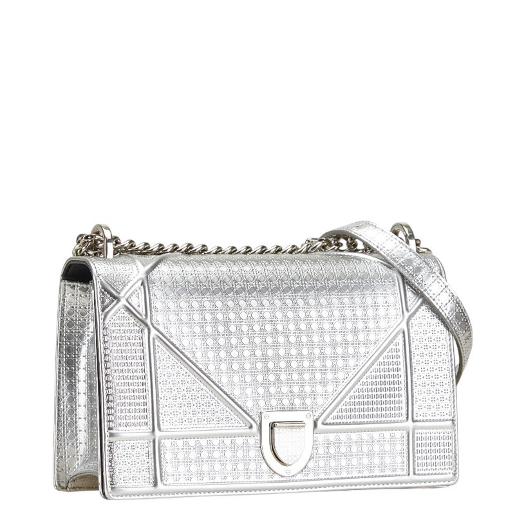 Christian Dior Dior Microcannage Diorama Chain Shoulder Bag Silver Leather Women's