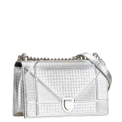 Christian Dior Dior Microcannage Diorama Chain Shoulder Bag Silver Leather Women's