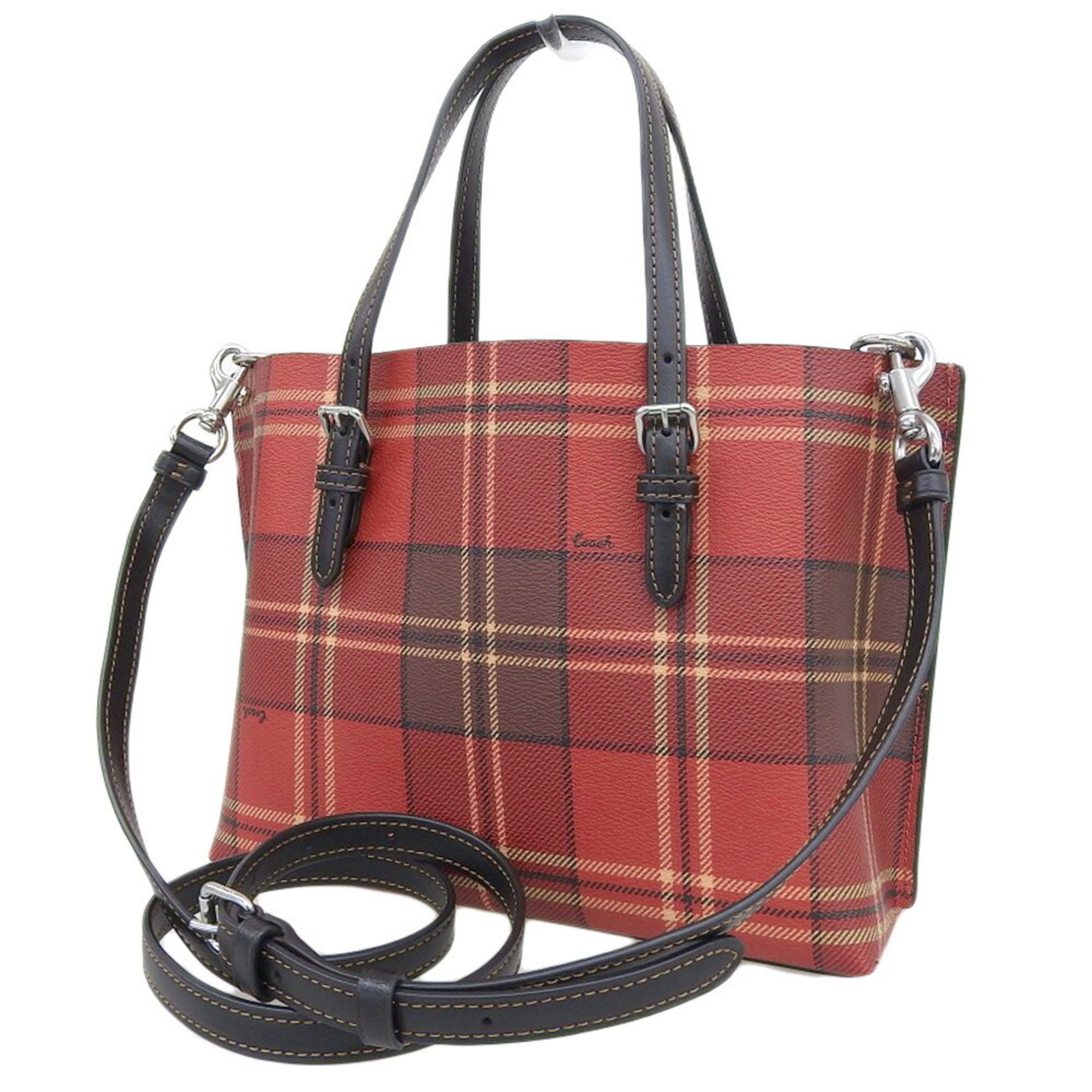 Coach COACH Molly Tote 25 Tartan Check Print Handbag CC874 Bag Red