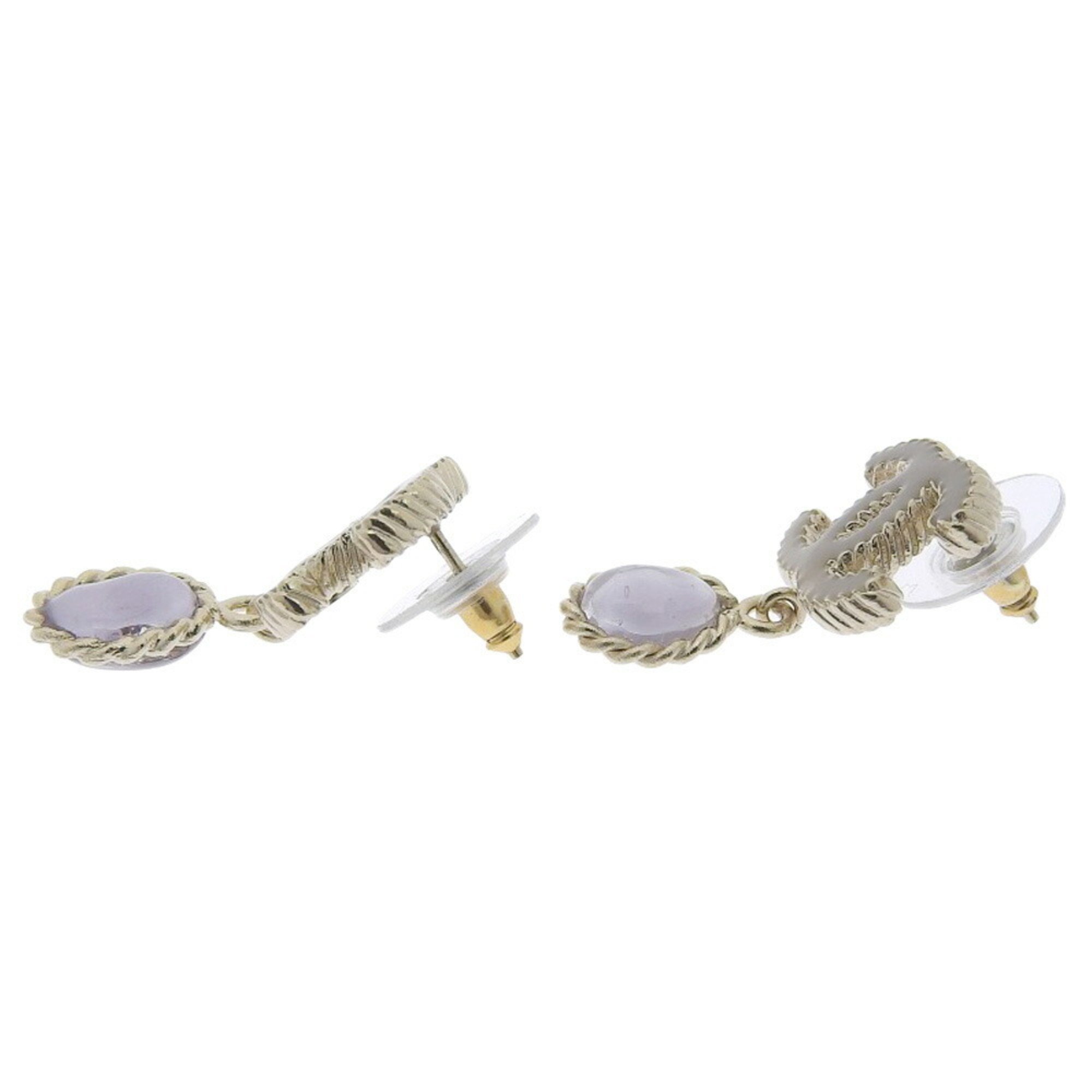 CHANEL Coco Mark Earrings B12C Purple Stone Silver Greige