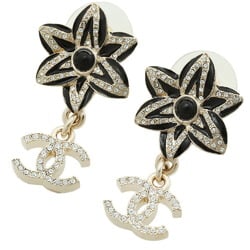 CHANEL Flower Motif Earrings C23K Black Stone Rhinestone Silver