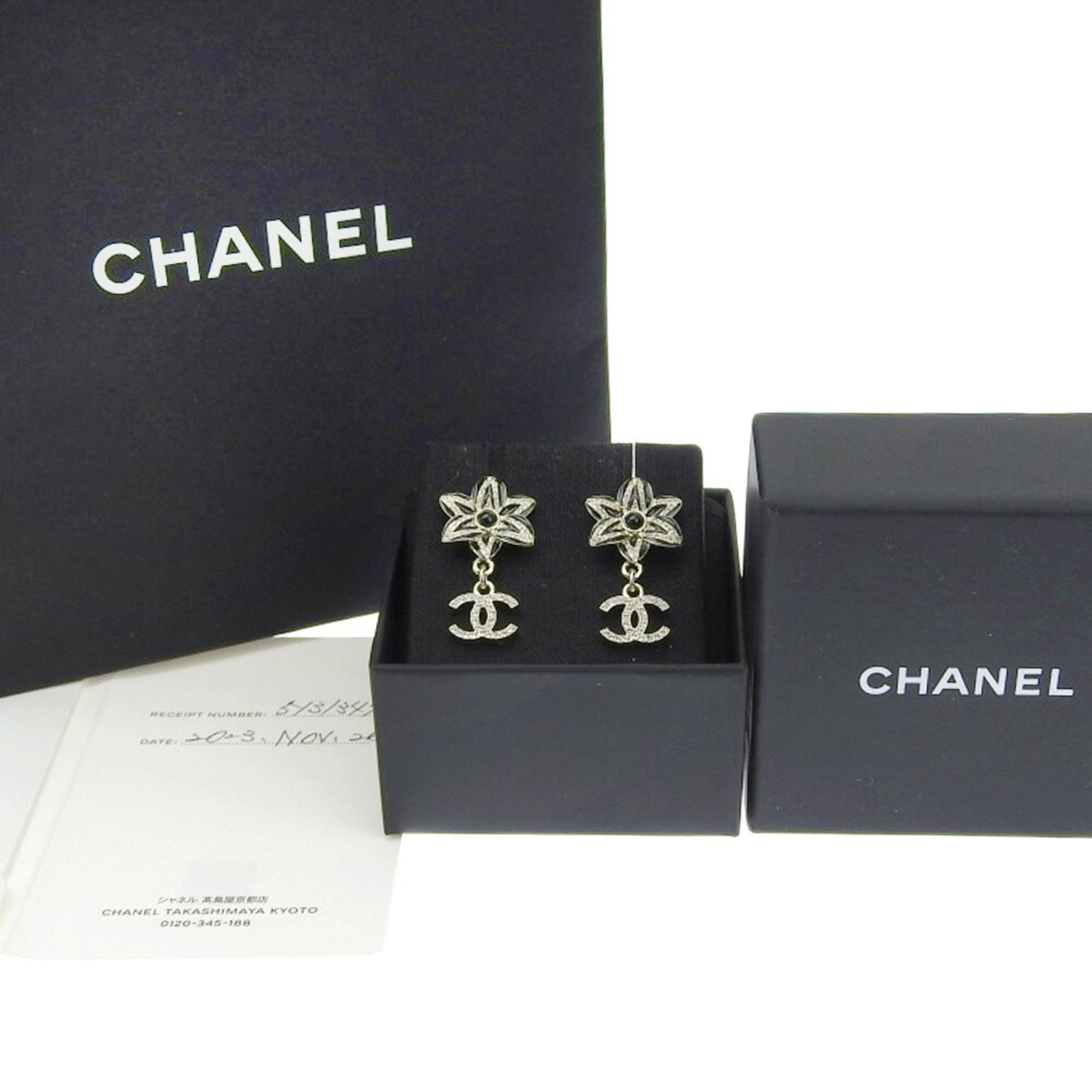 CHANEL Flower Motif Earrings C23K Black Stone Rhinestone Silver