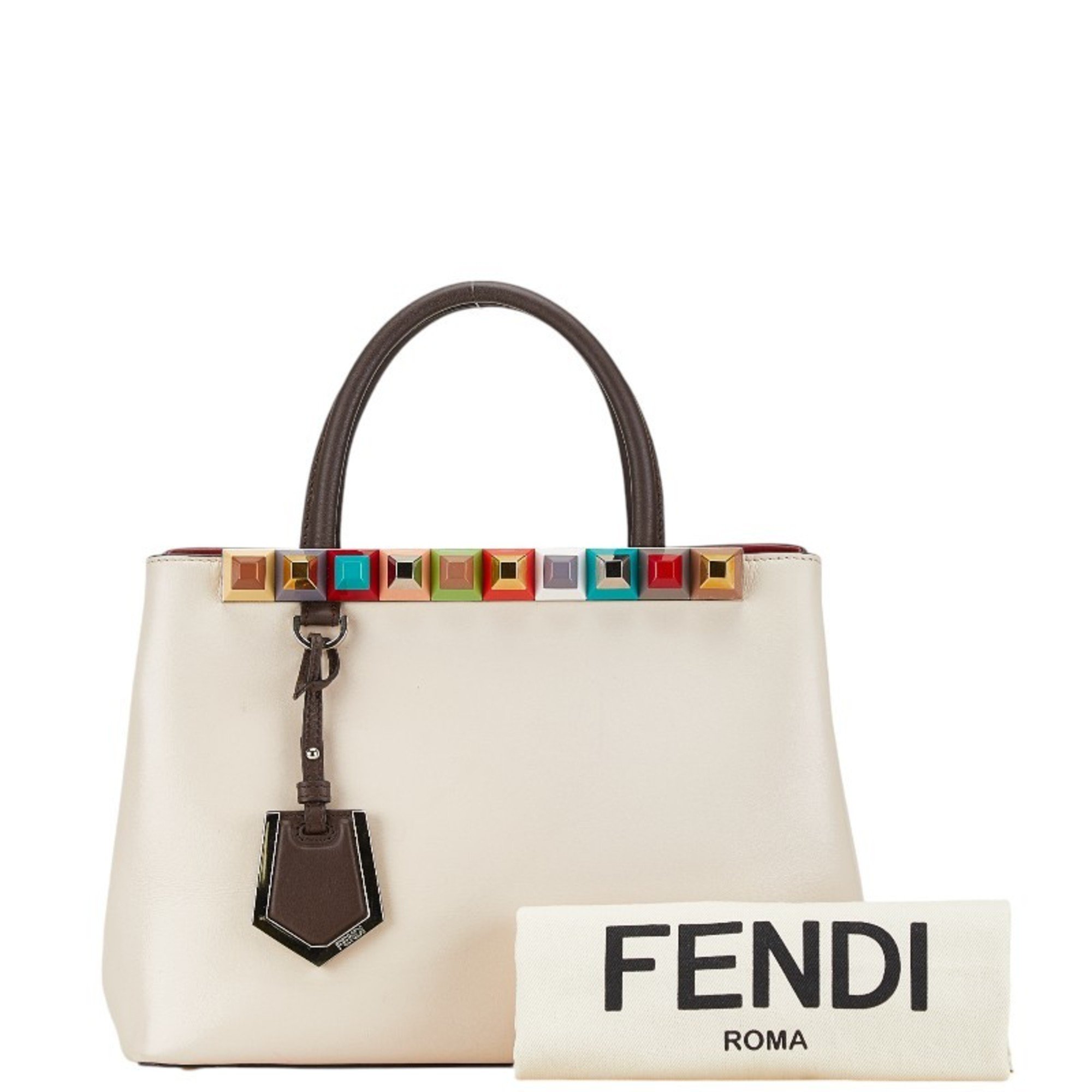 FENDI Petit Toujours Rainbow Studs Handbag 8BH253 Ivory Beige Leather Women's