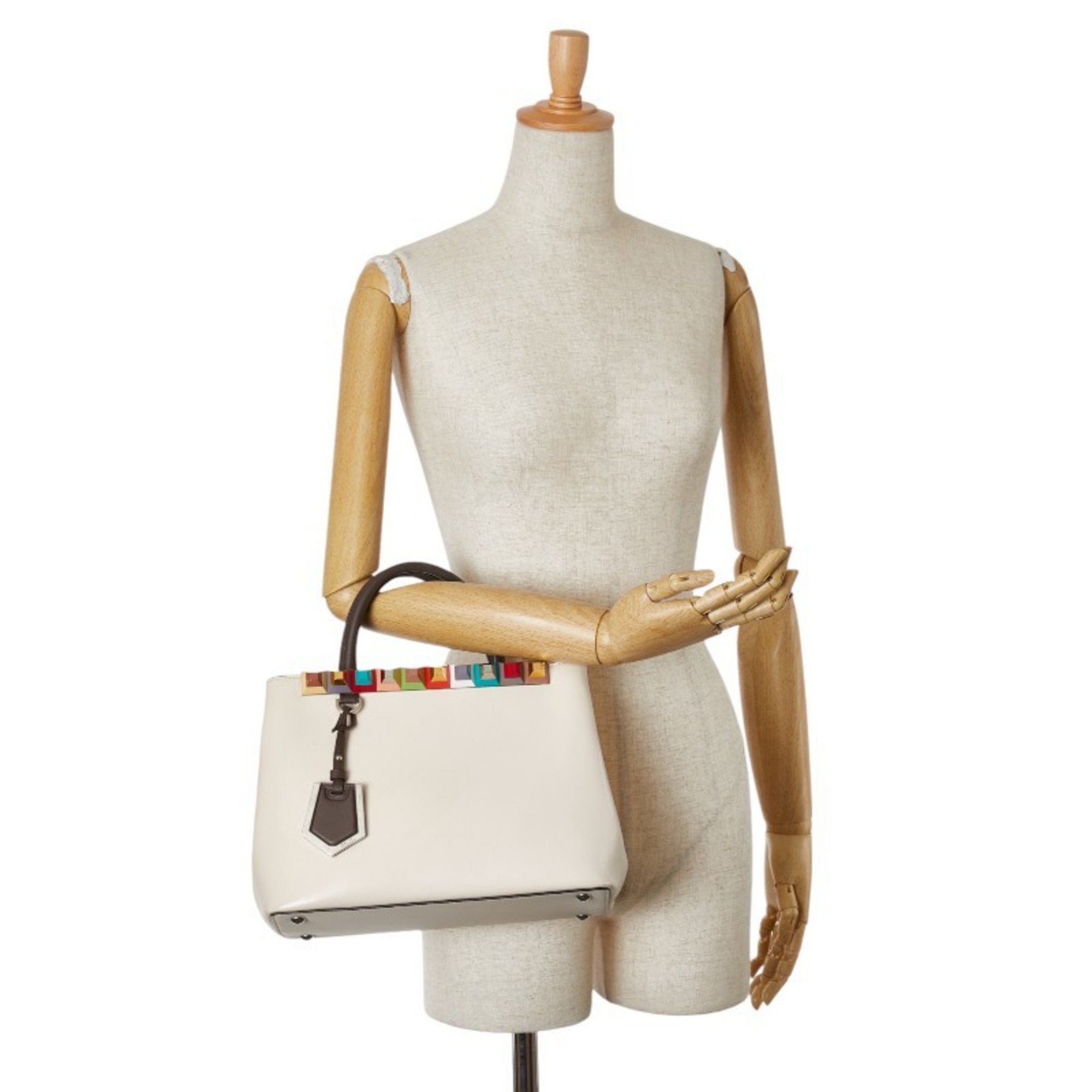 FENDI Petit Toujours Rainbow Studs Handbag 8BH253 Ivory Beige Leather Women's