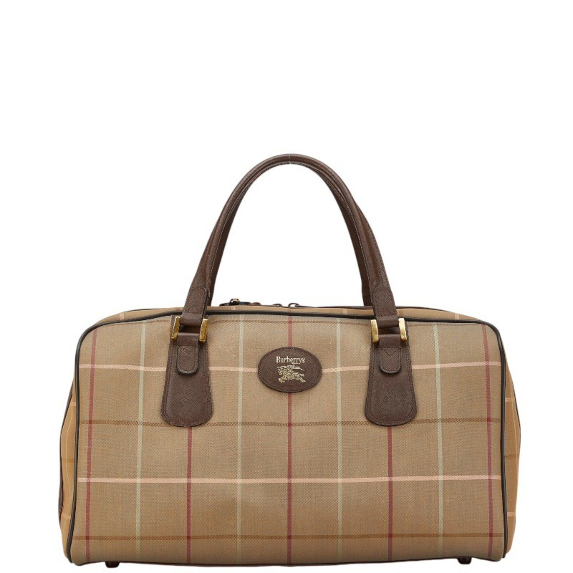 Burberry Check Shadow Horse Boston Bag Beige Brown Canvas Leather Women's BURBERRY