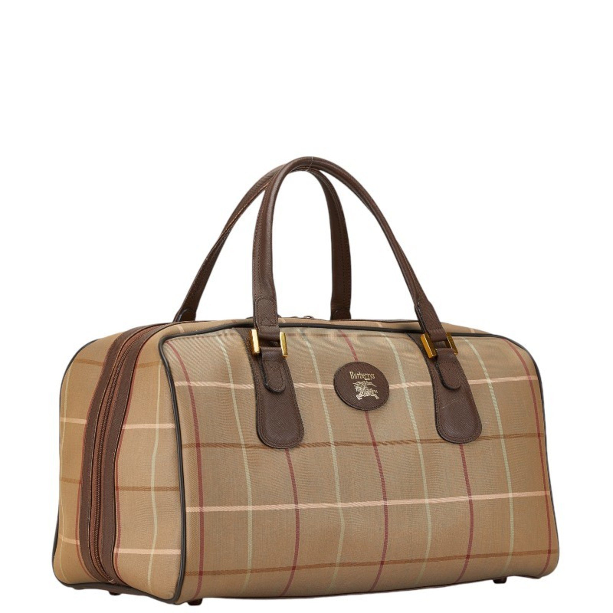 Burberry Check Shadow Horse Boston Bag Beige Brown Canvas Leather Women's BURBERRY