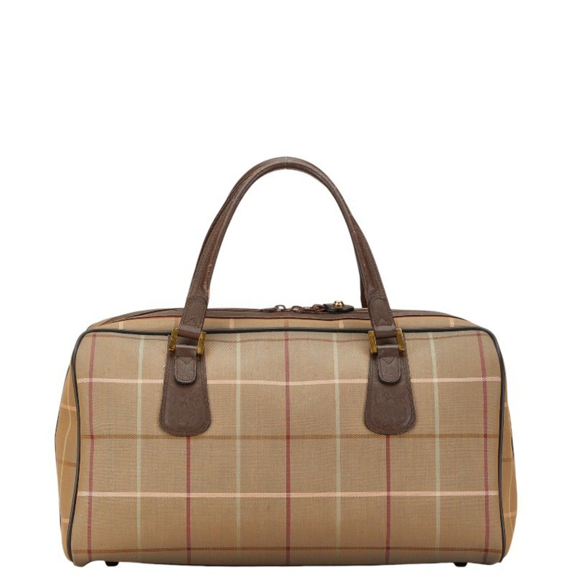 Burberry Check Shadow Horse Boston Bag Beige Brown Canvas Leather Women's BURBERRY